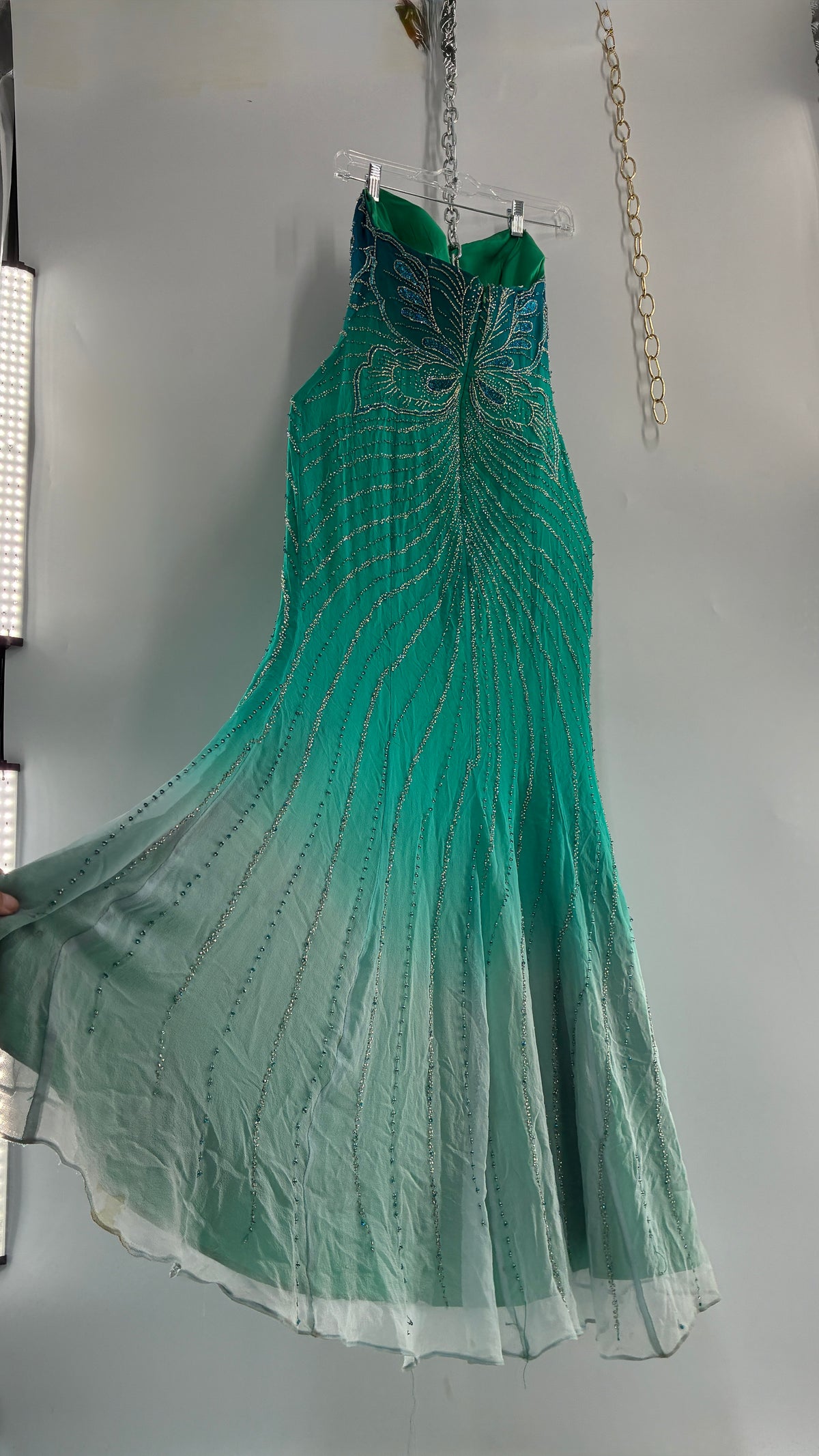 Vintage 1990s STUDIO17 100% Fully Beaded Silk Aquamarine Butterfly Dress (8)