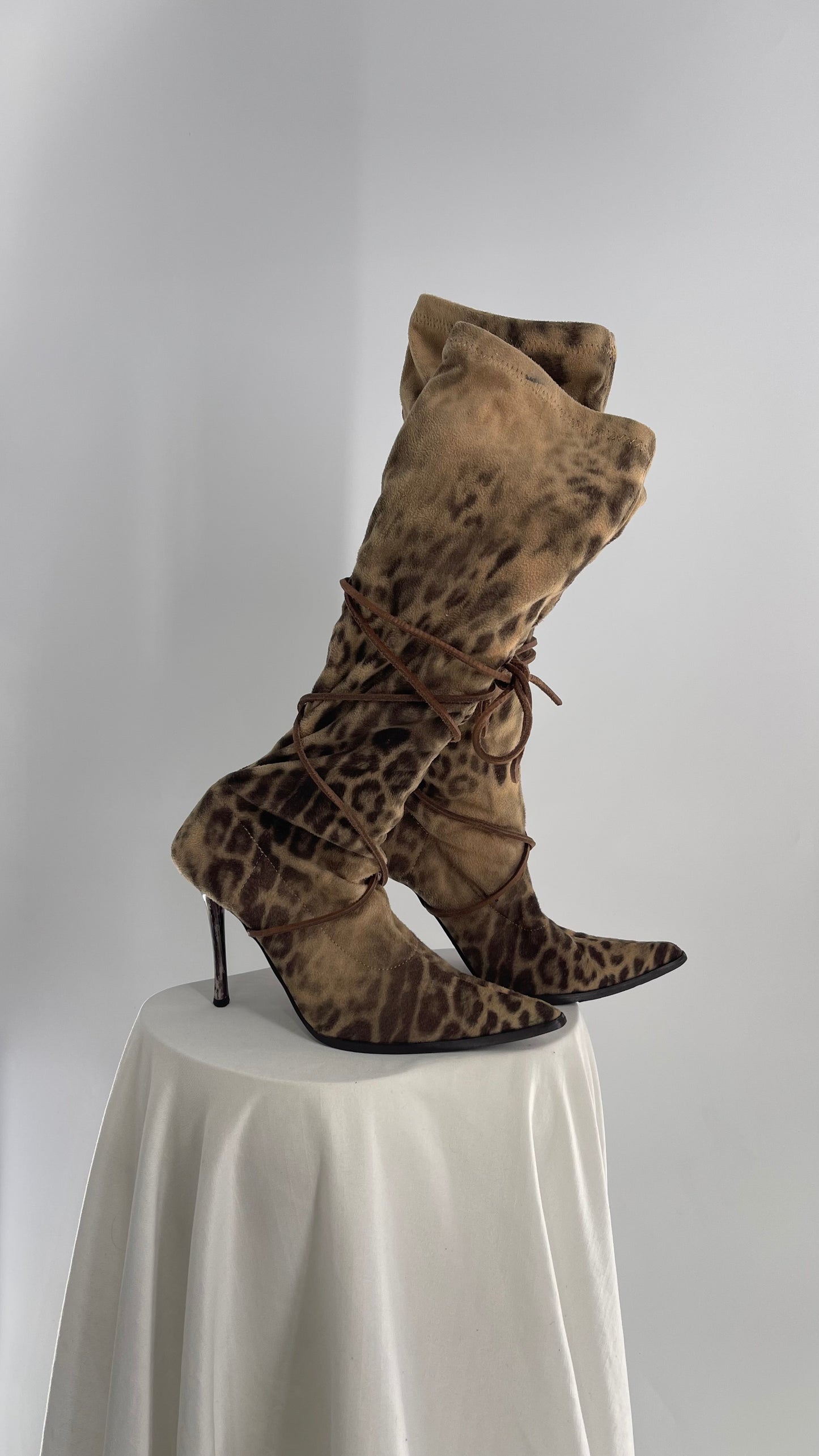 Vintage Alberto Venturini Animal Print Tie Up Pointed Toe Boots (37)