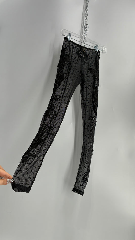 Staring at Stars Black Sheer Footless Tights with Lace Appliqué Design on Both Legs (XS)