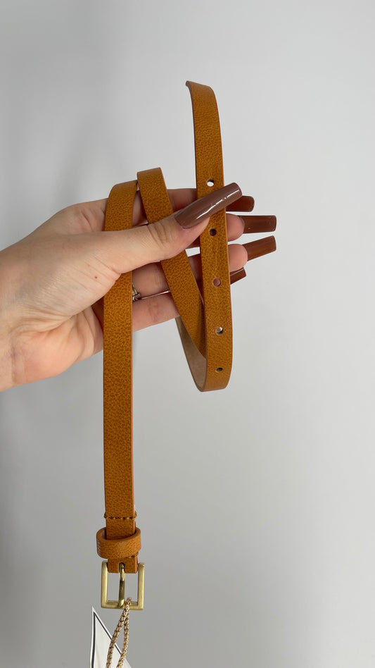 Anthropologie Genuine Leather Skinny Brown Belt with Gold Square Buckle (S/M)
