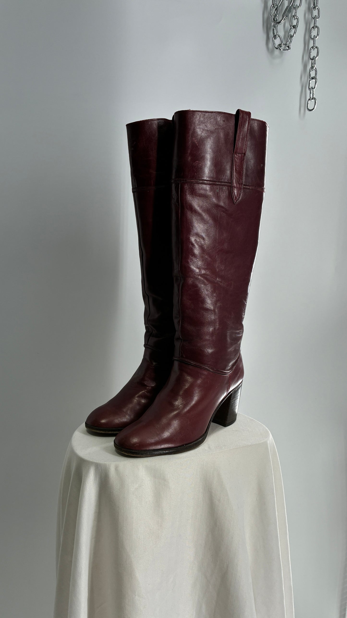 Vintage Red Leather Round Toe Knee High Boots Made in Spain Boots (38)