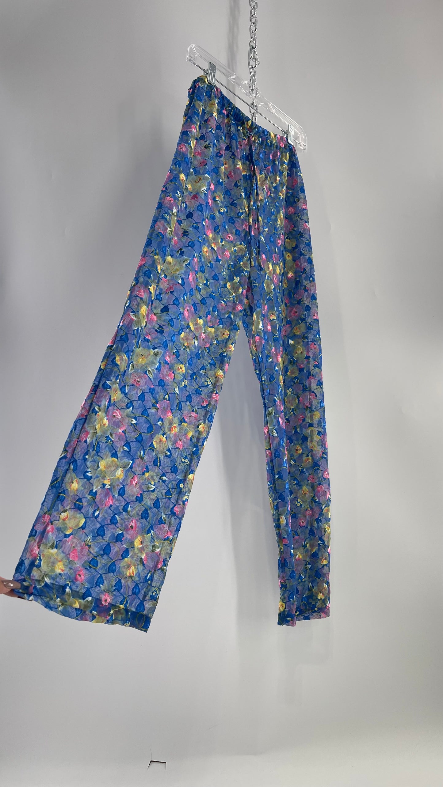 Vintage Classics Fun Pants Cover Up Blue, Embroidered Vines and Floral Graphic (Large)