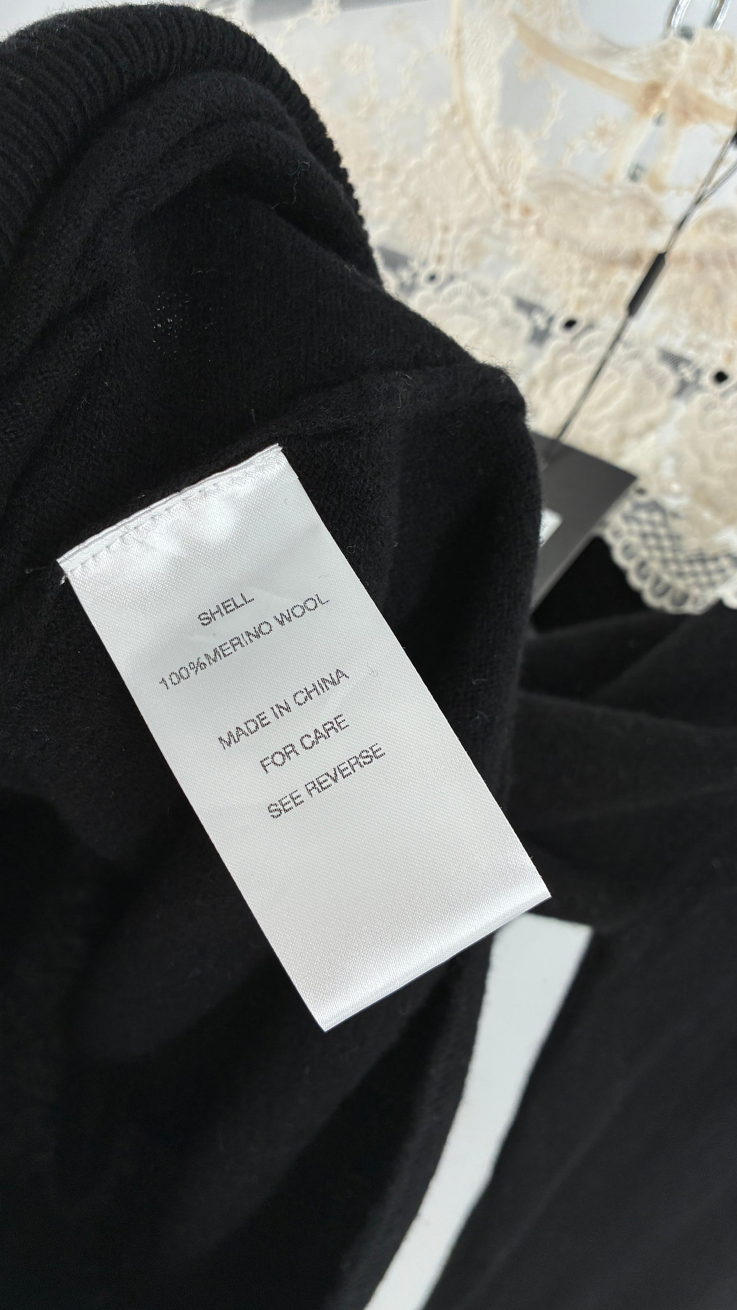 JESSIE LIU Amari Black 100% Merino Wool Sweater with Ivory Lace Neckline and Cuffs (Large)