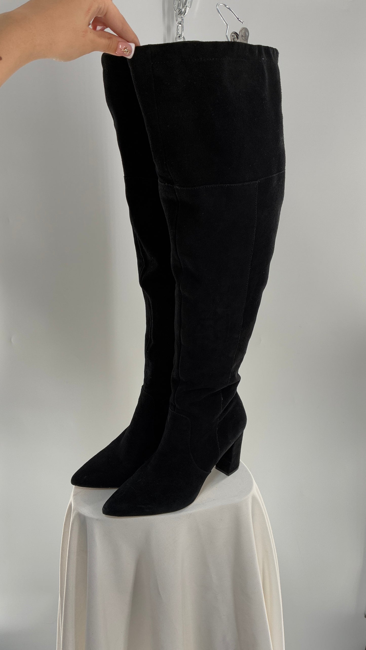 Vintage Black Genuine Suede ADRIENNE VITADINI Thigh High Pointed Toe Boots with Stud Detailing (10)