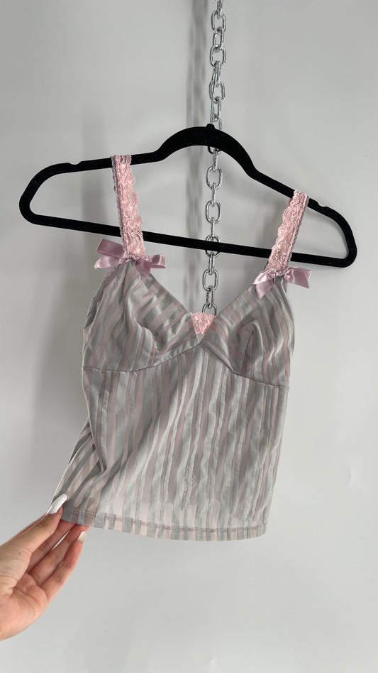 Sophie B Vintage Gray Sheer Striped Camisole Tank with Pink Lace, Bows and Ribbon (M)
