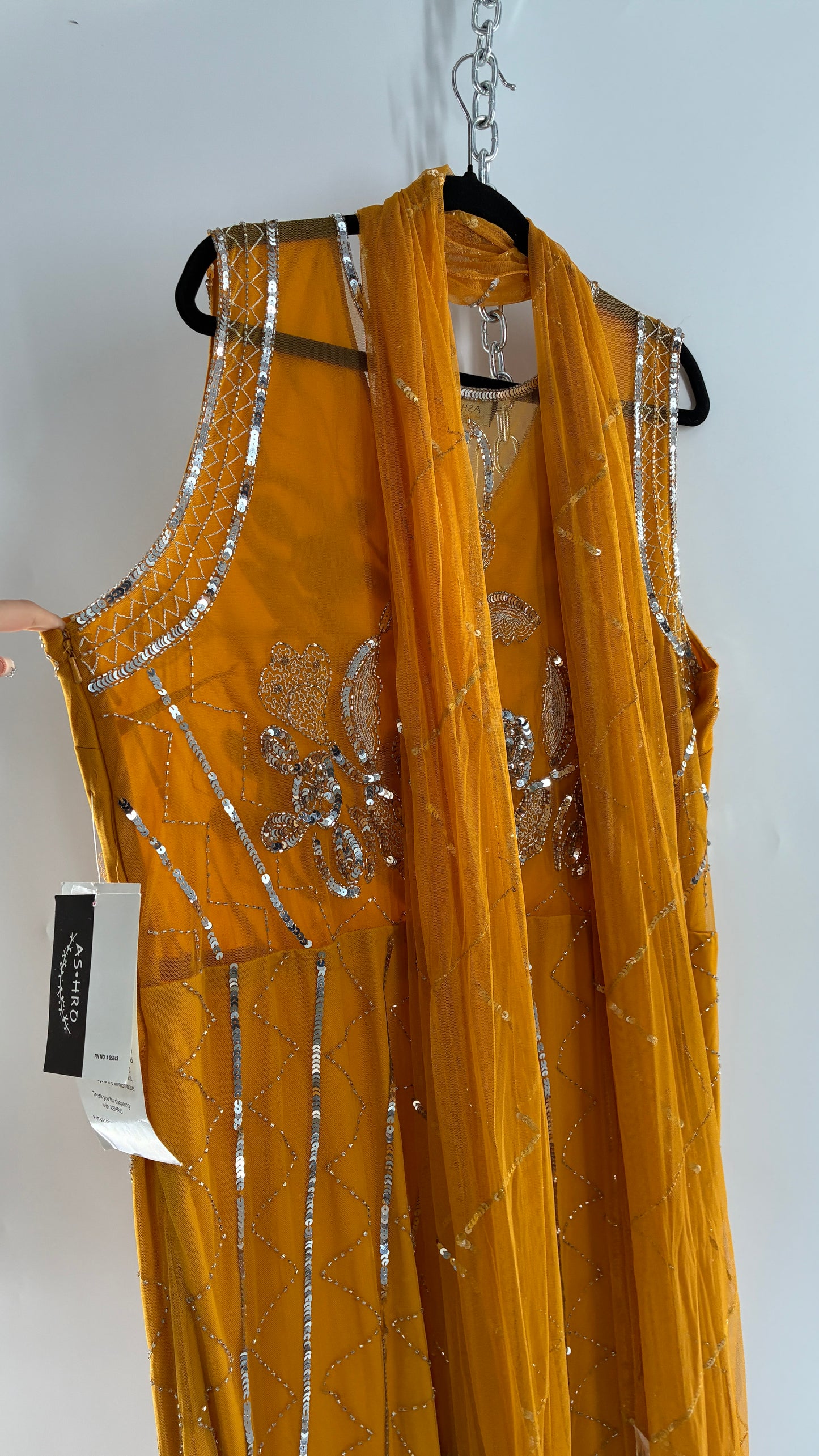 Deadstock Vintage ASHRO 1990s Mustard Yellow Dress with Sheer Back, Neck Scarf and Silver Beading (XXL)