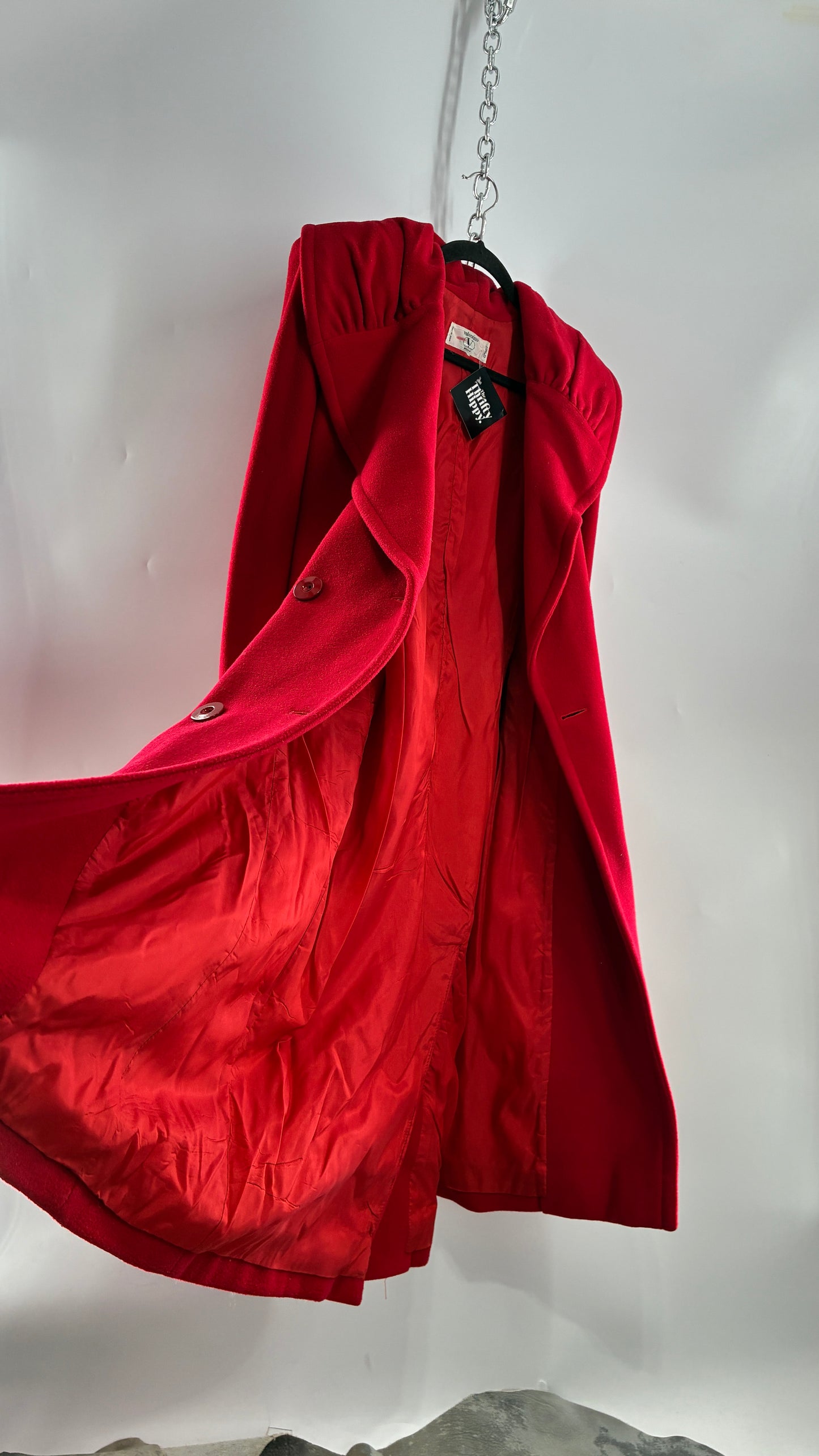 Vintage VALENTINO Miss V Red Sweeping, Tie Back and Pleated/Draped Collar Coat