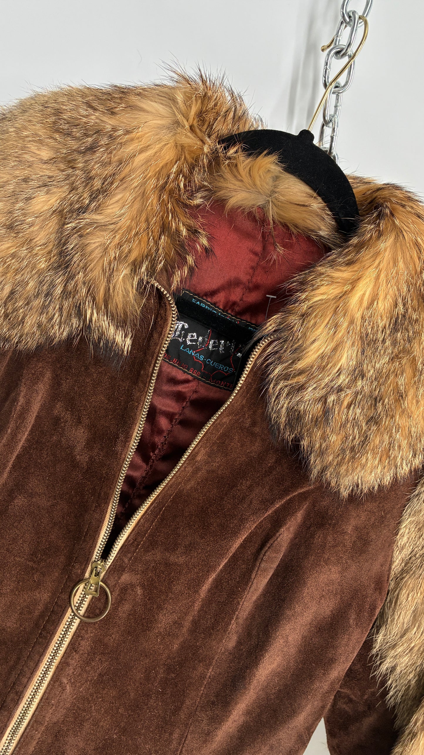 Vintage Cederland 1970s Genuine Suede Leather Coat with Fur Pockets, Sleeves, and Collar (44)