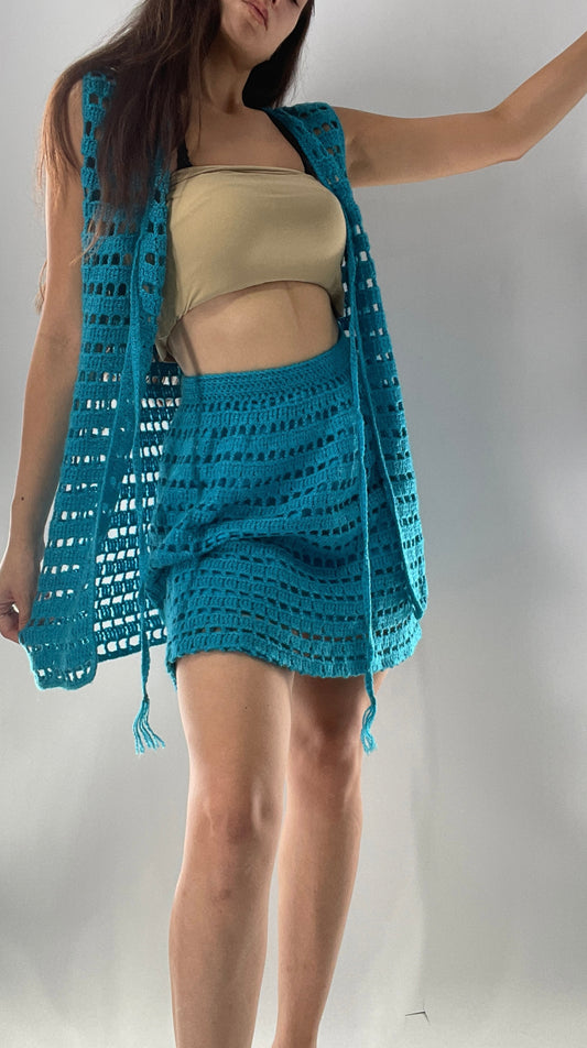 Vintage 1970s Handmade Blue Crochet Knit Mini Skirt and Long Tie Bust Vest (XS/S)