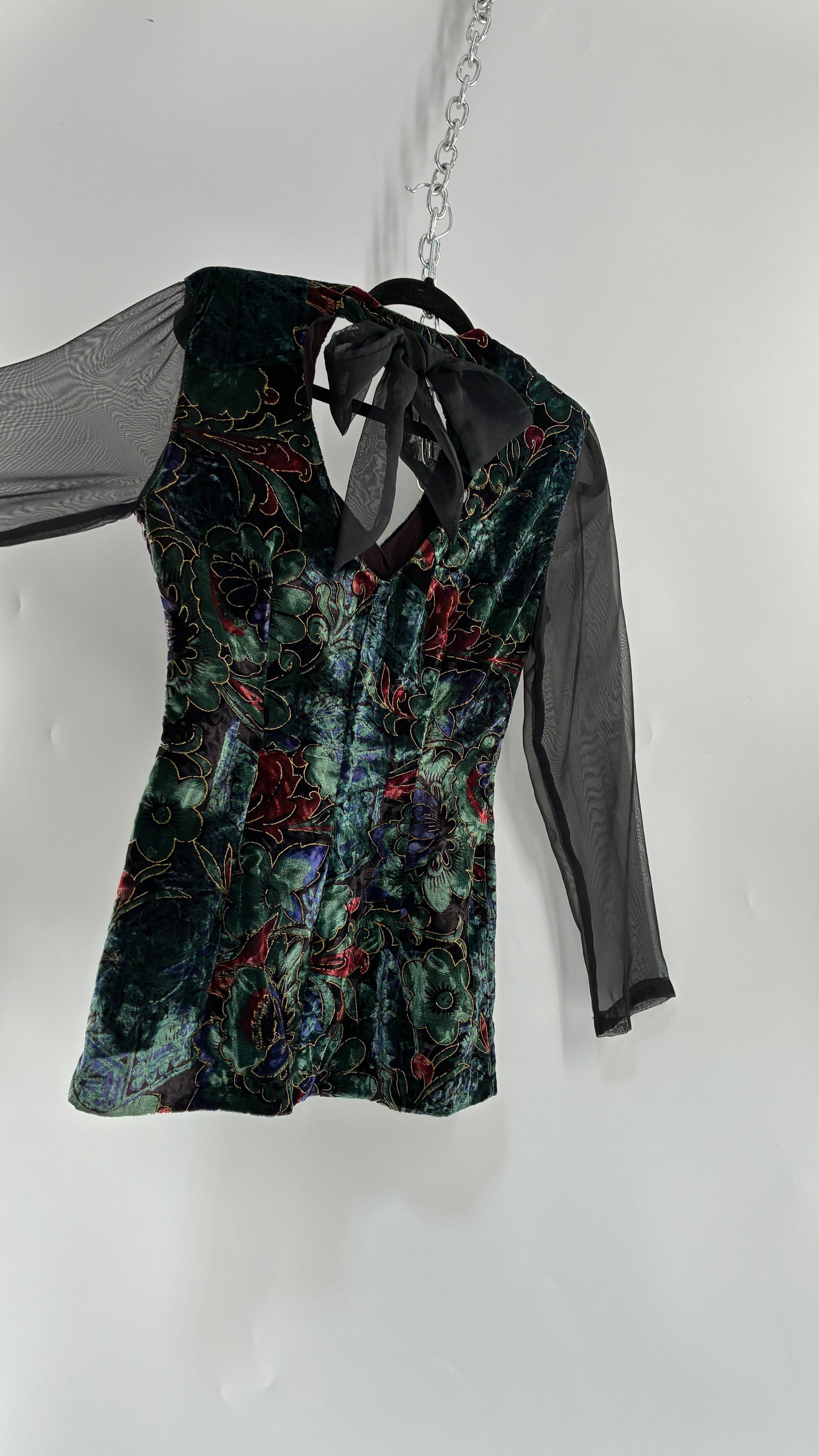 Deadstock Vintage RAMPAGE 1980s Micro Mini Dress Velour with Sheer Bubble Sleeves, Open Back, Elaborate Crystal Buttons and Bow Back Detail (Small)