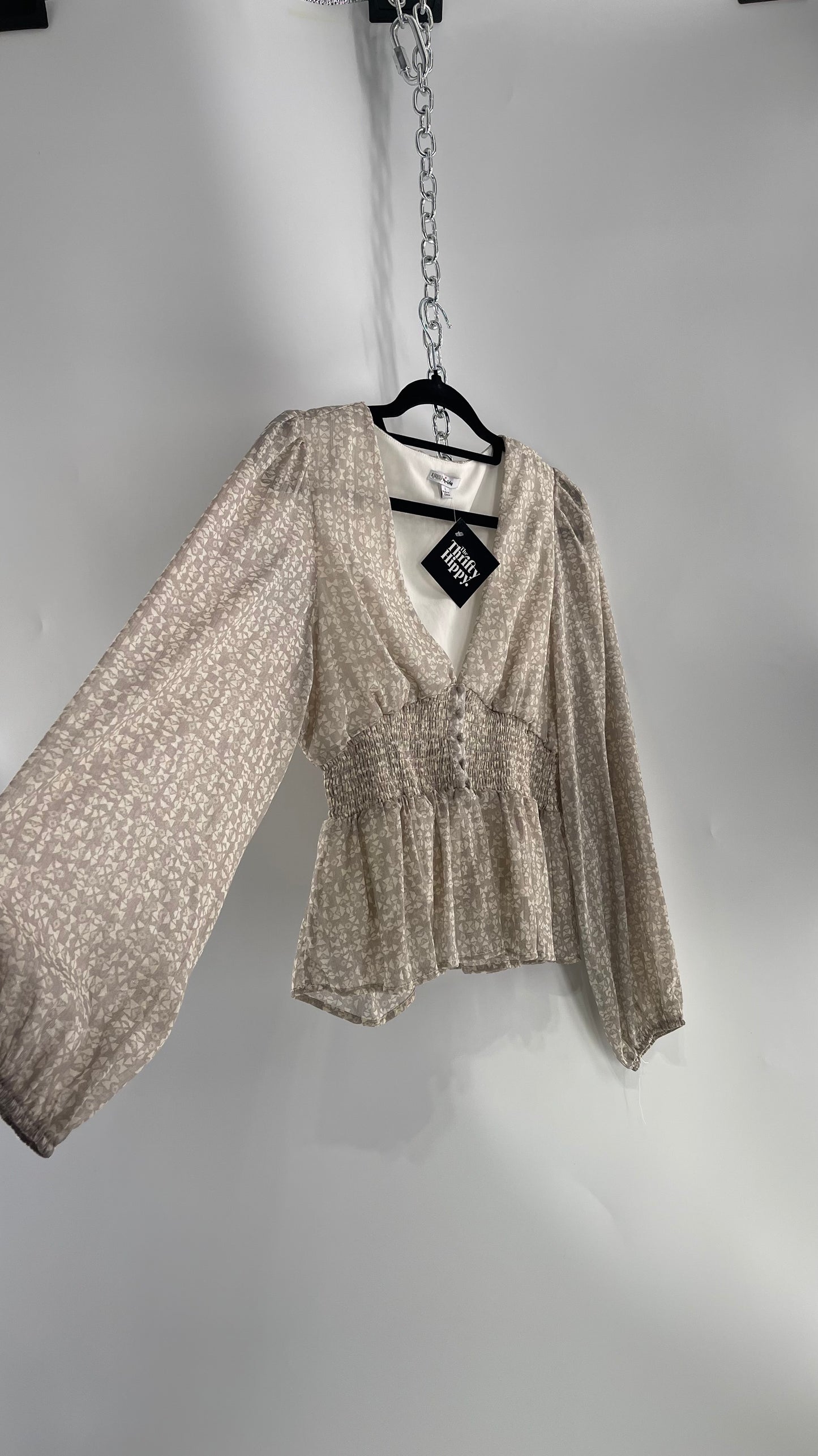 Anthropologie Light Gray Glitter/Shimmer Balloon Sleeve, Smocked Waist, Button Front Blouse (Large)