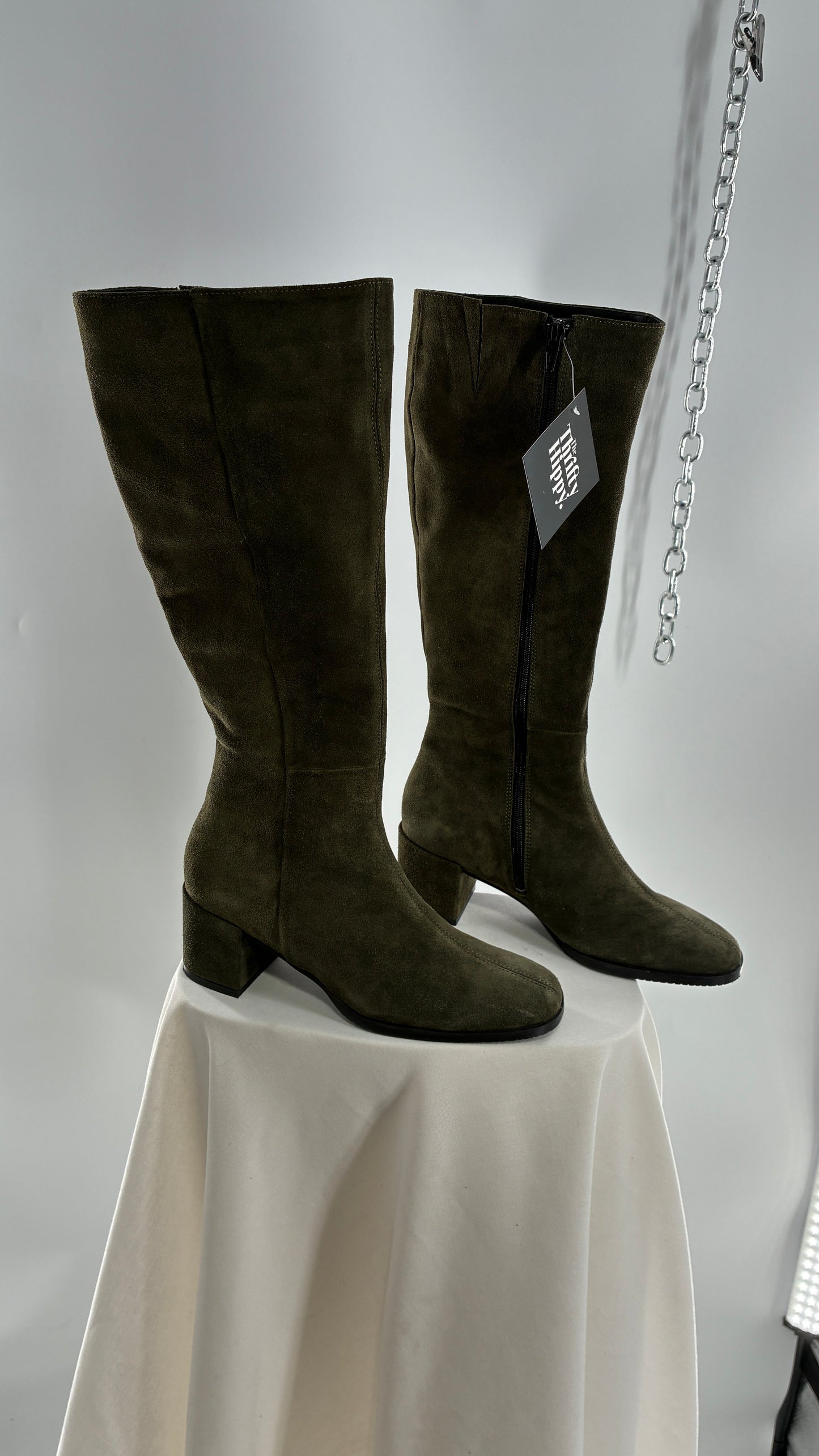Vintage ERIC MICHAEL Olive Green Suede Boots Square Toe Knee High Boots (36)