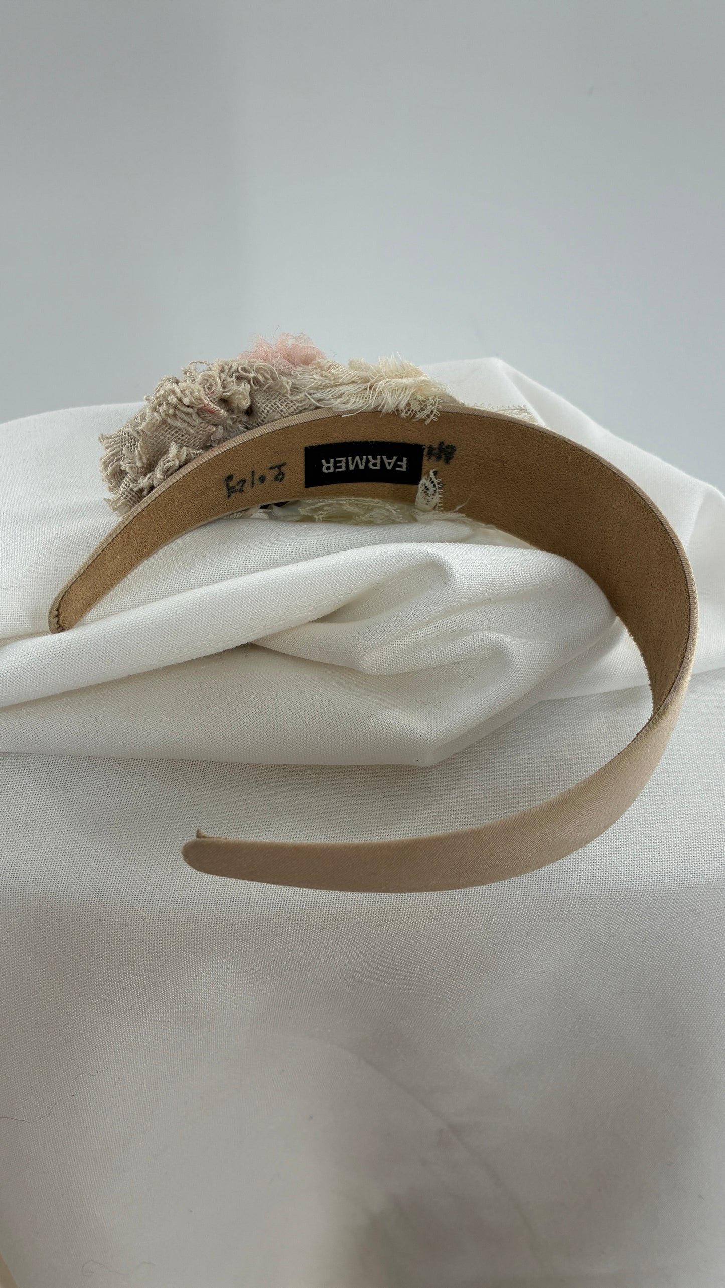 Vintage FARMER Handmade Headband with Ribbon, Flower, Button Appliqués