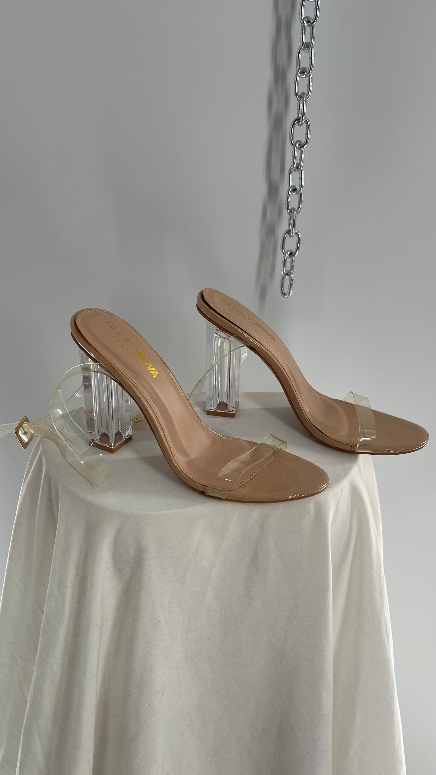 FashionNova Tan Base Lucite Heel Clear Strap Heel (10)