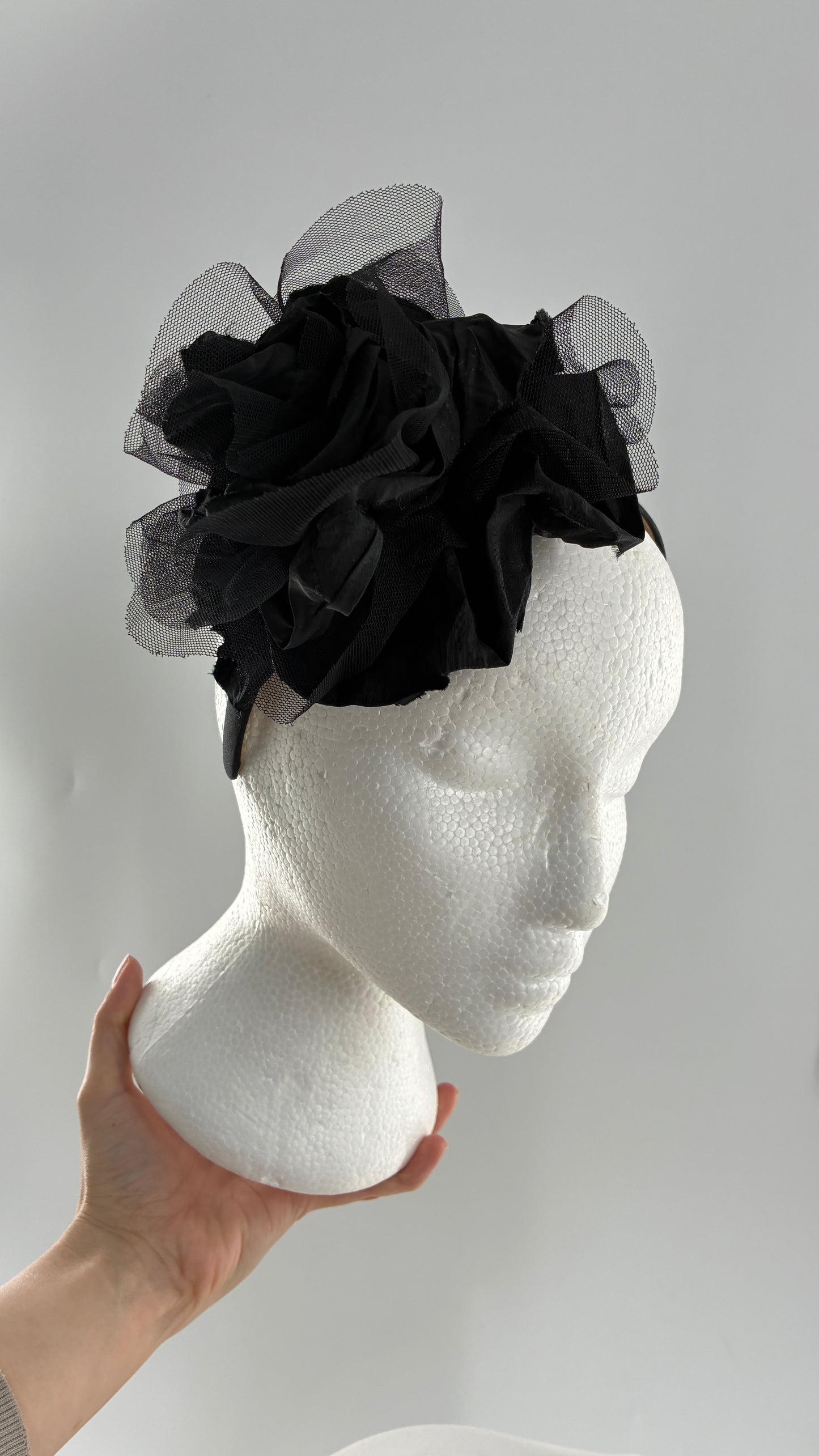 Vintage FARMER Handmade Black Thick Headband with Tulle Appliqué