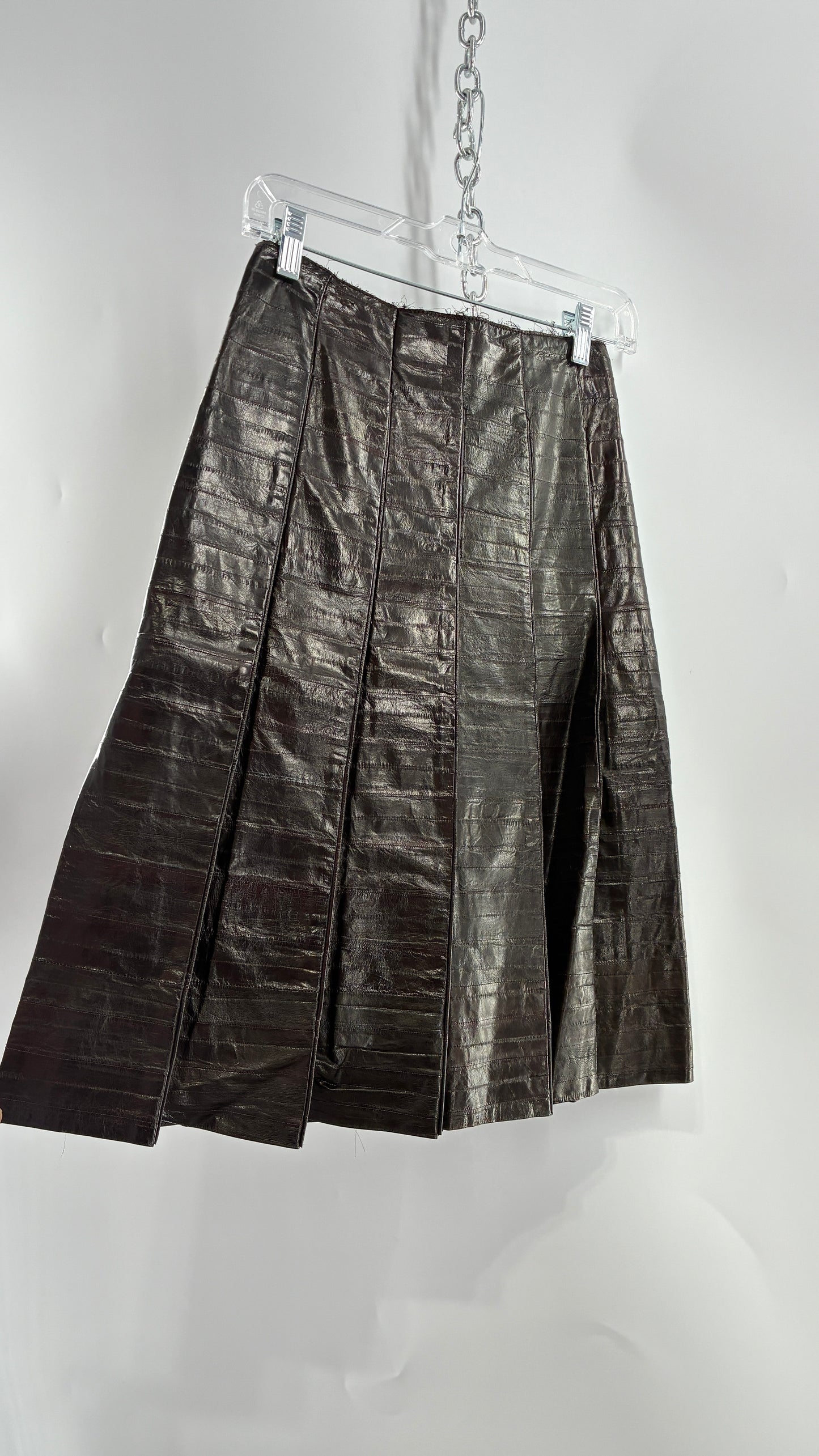 Vintage Handmade Pleated Dark Brown Genuine Leather Patchwork Skirt (XS)