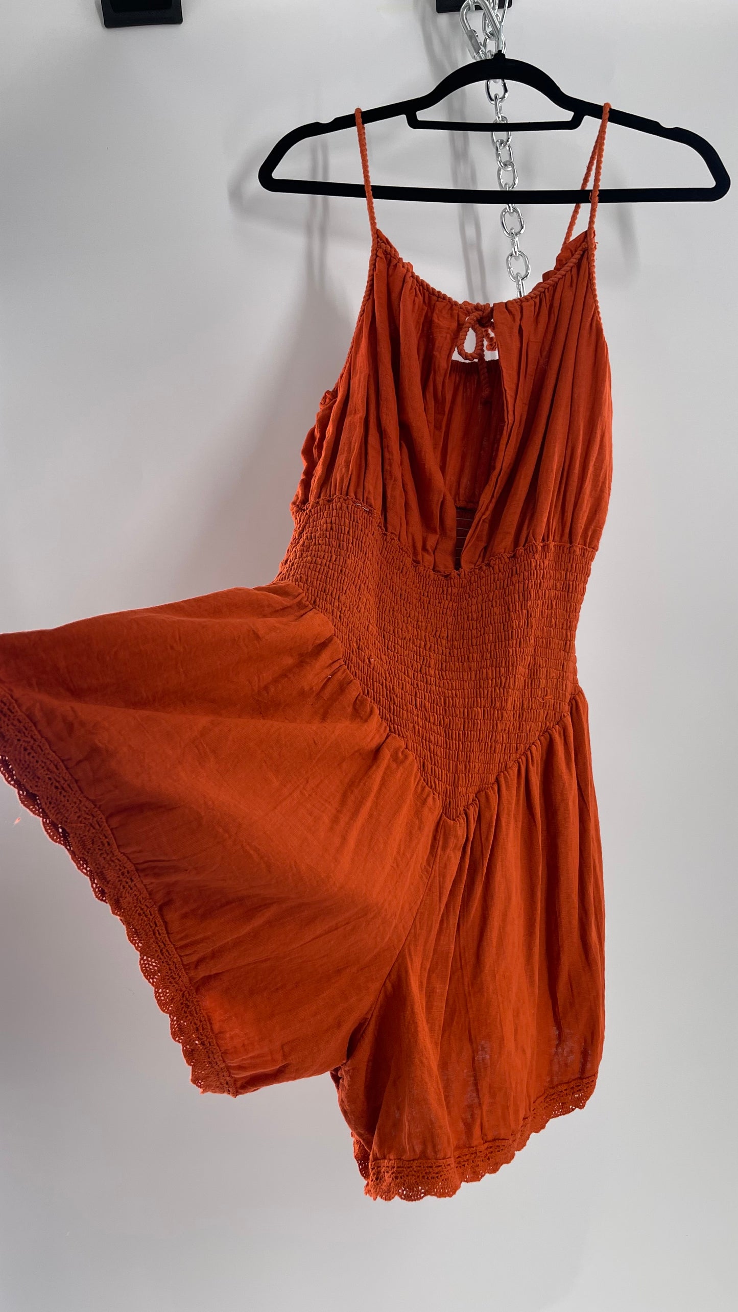 Free People Burnt Orange Smocked Pointed Waistline, Open Bust Jen’s Pirate Booty Romper Tags Attached 100% Cotton(XL)