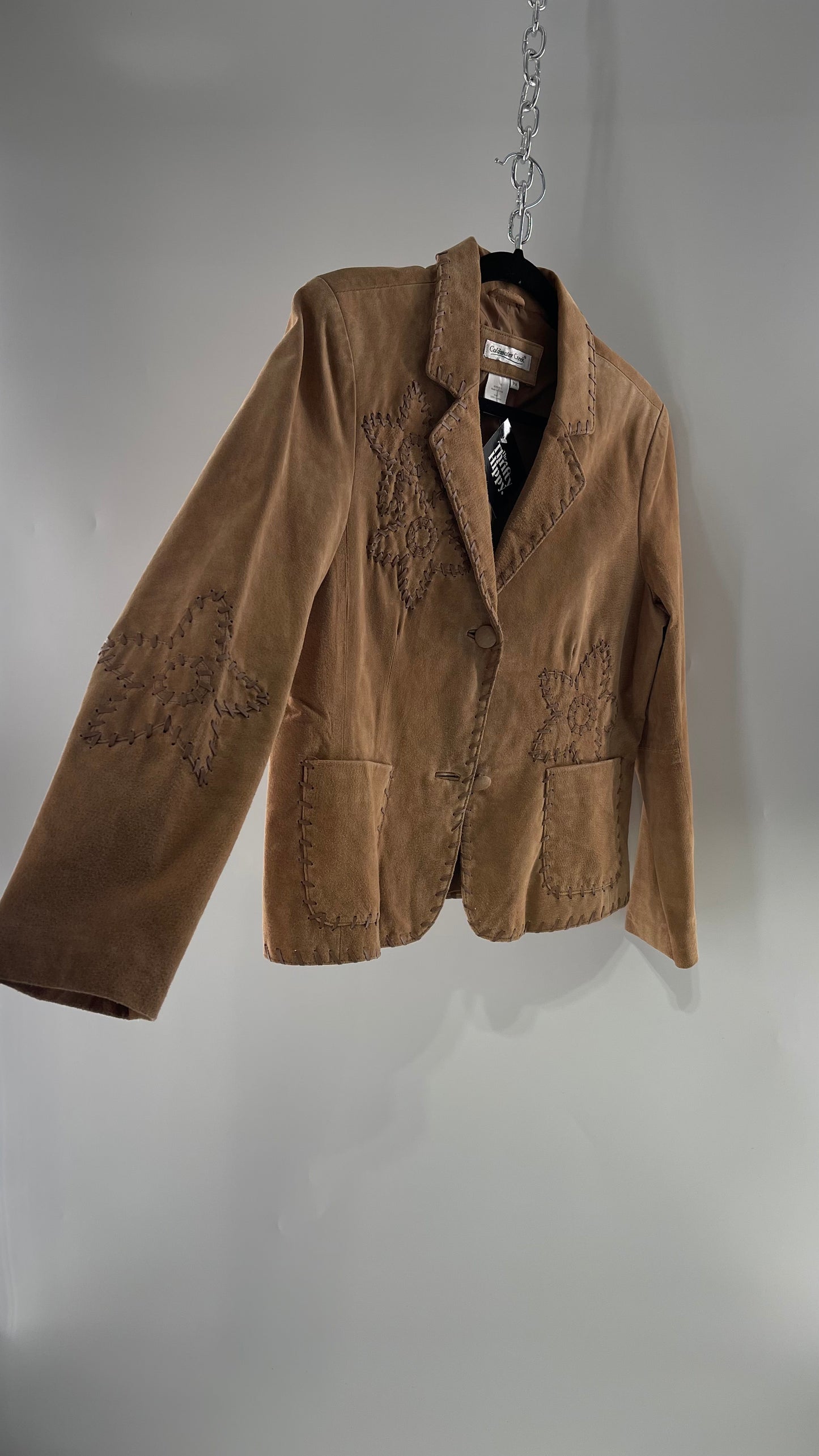 Vintage Rare Light Brown Genuine Suede Blazer with Embroidered Suede Flower and Contrasting Thick Leather Stitching (Medium)