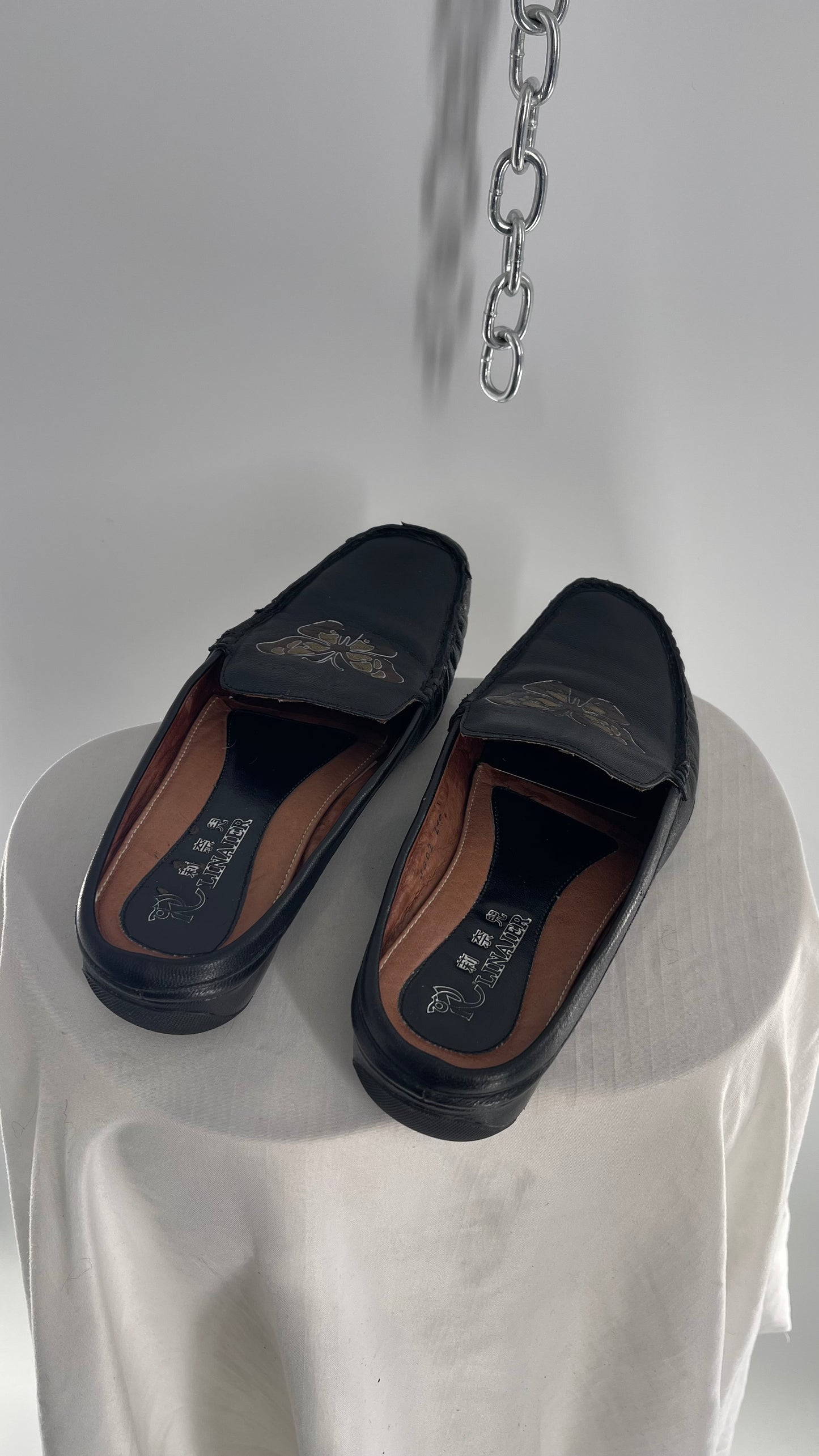 Vintage R Linaier Black Leather Slip Ons with Butterfly Embroidery (6)