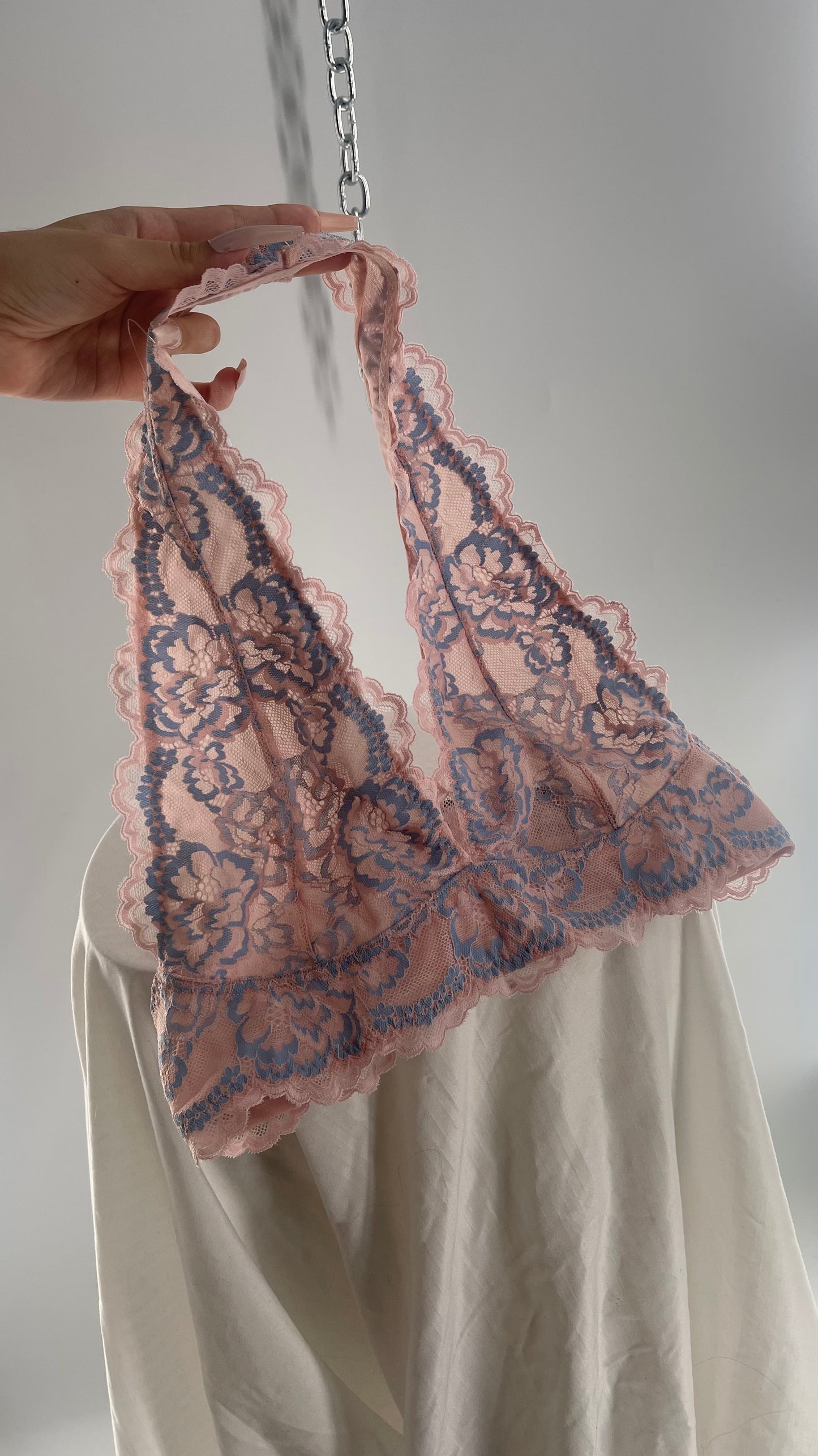 Pink and Powder Blue Delicate Lace Halter Bralette (Medium)