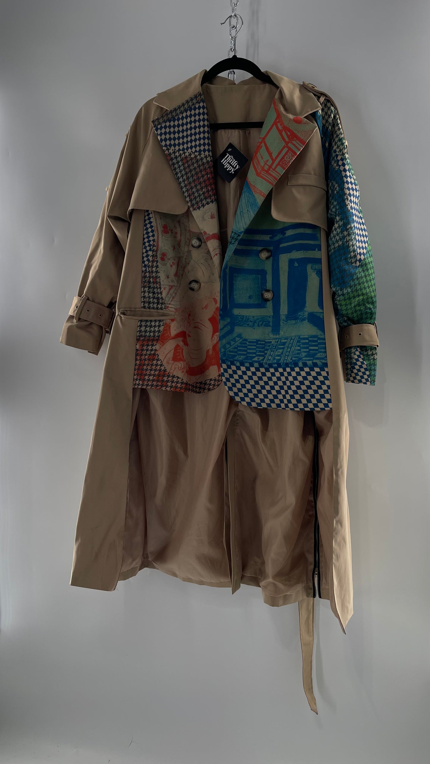 Tan Belted, Double Breasted Trench Coat with Plaid Colorful Graphics and Contrasting Black Zippers (C)(M)