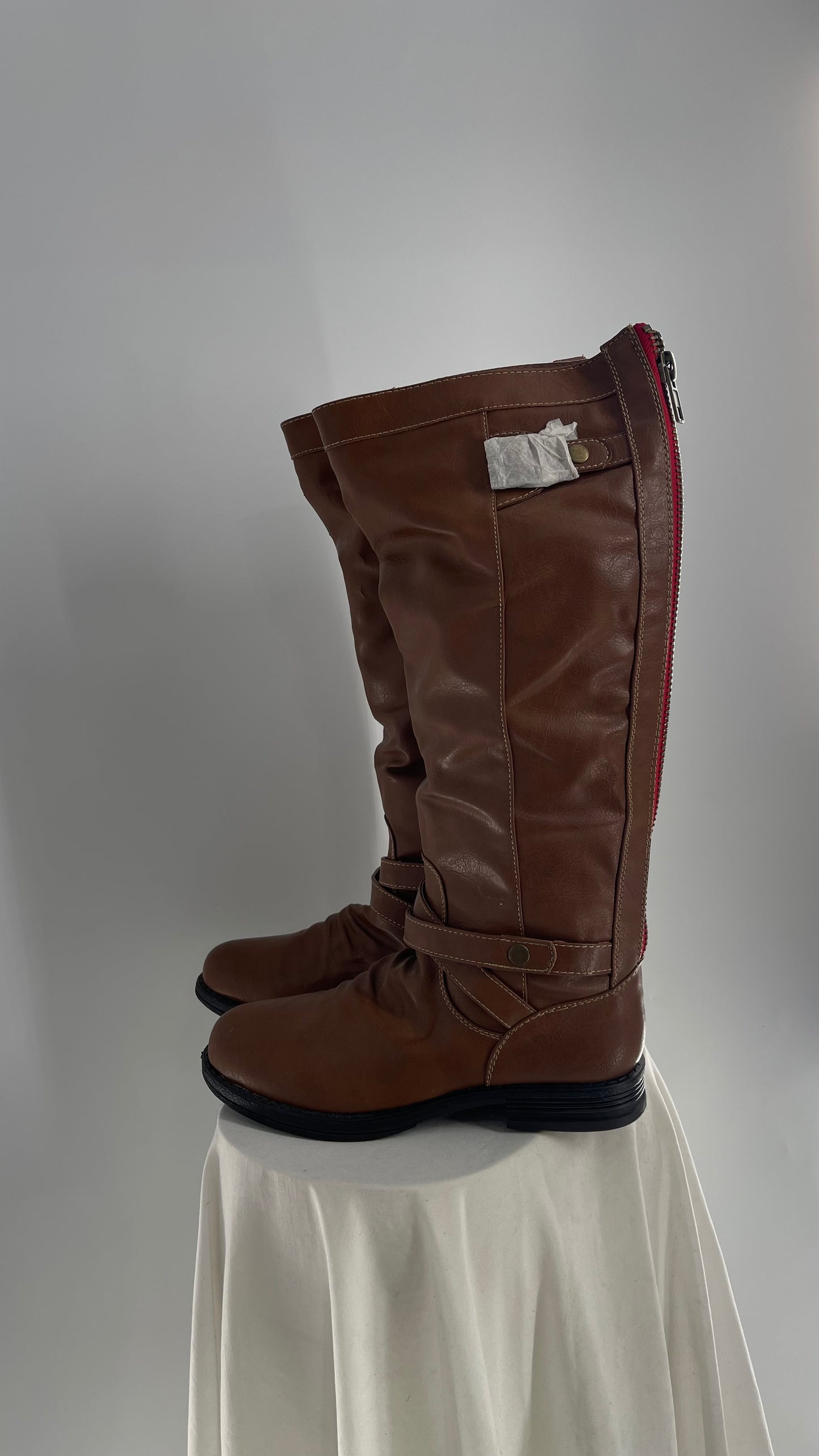 Steve Madden Brown Knee High Riding Boots with Red Zipper (10)