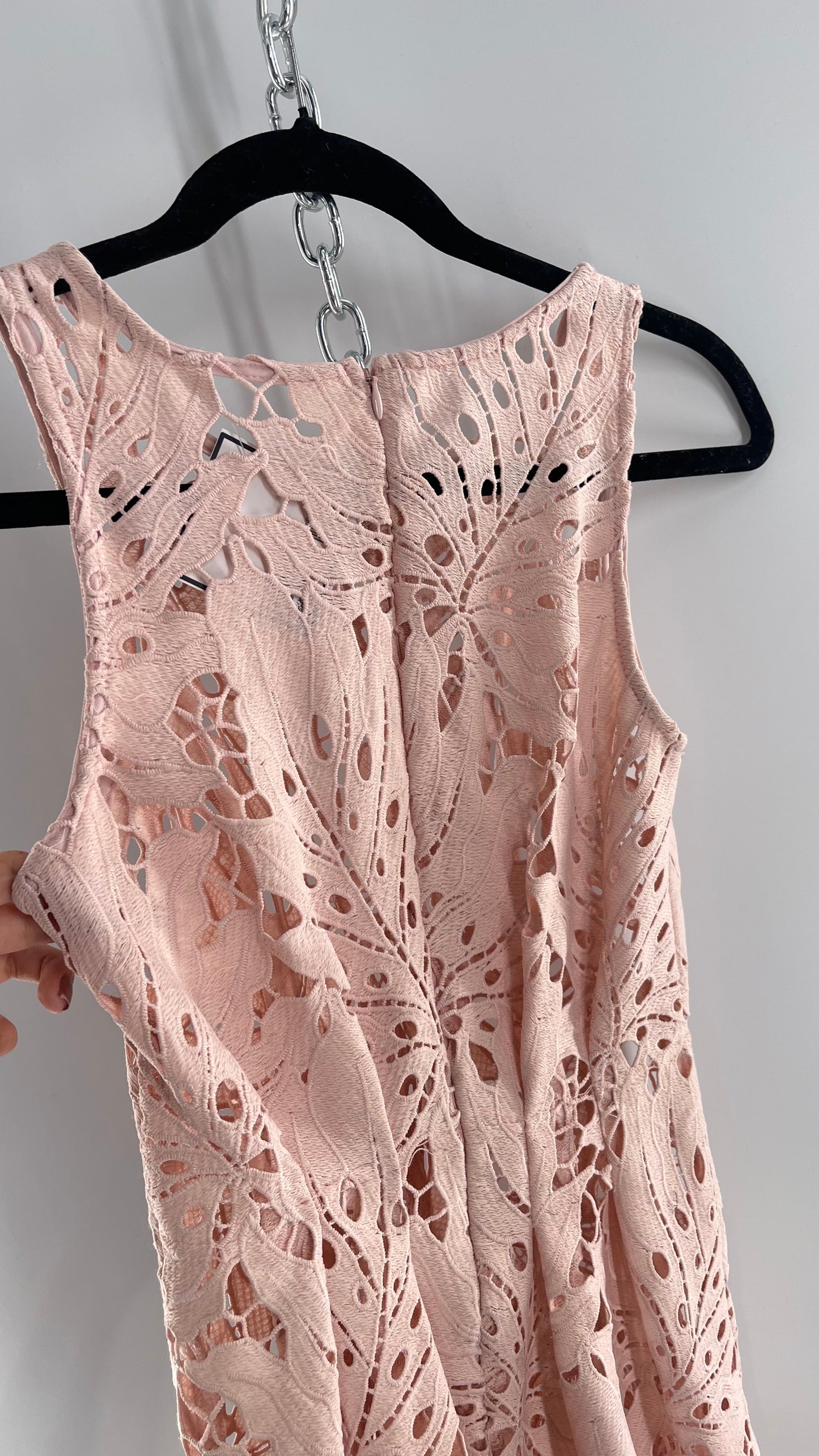 Anthropologie Eva Franco Baby Pink Completely Laser Cut Lace Palm Leaf Knee High Dress (2)