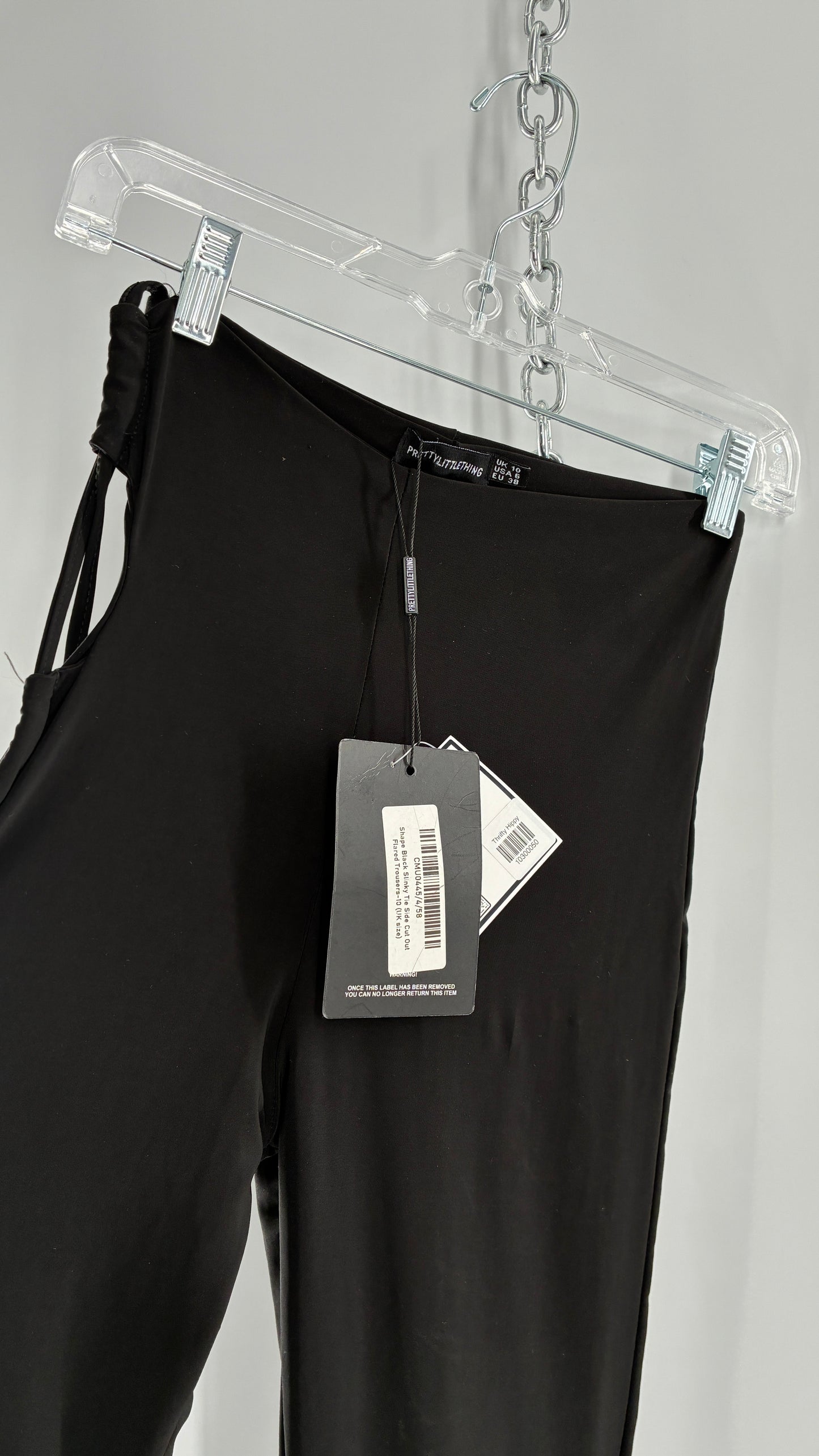 Pretty Little Thing Black Slinky Tie Side Cut Out Flared Double Lined Thick Trousers with Tags Attached (10)