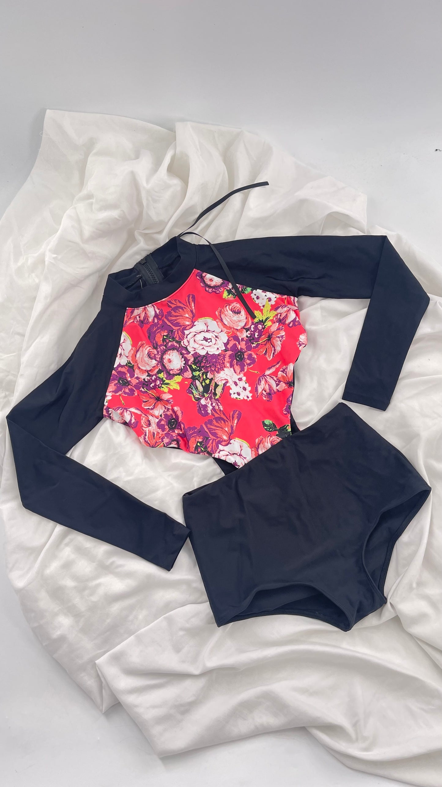 BEACH RIOT x Free People Black Long Sleeve Swimsuit with Hot Pink Floral Torso and Cut Outs (XS)