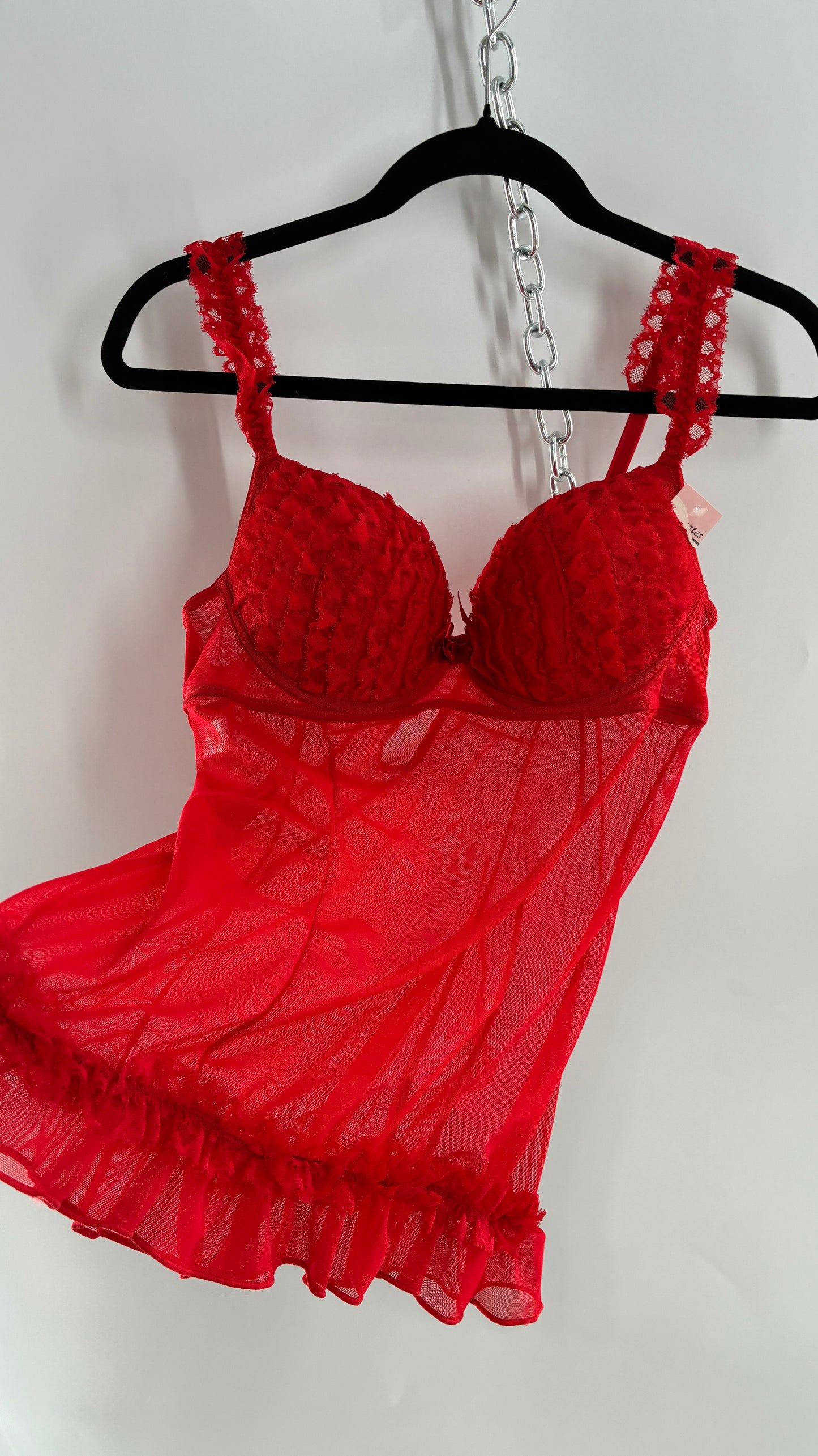 Deadstock Vintage Babydoll Bustier with Ruffled Cups, Lace Straps and Ruffled Lace Hem (34C)