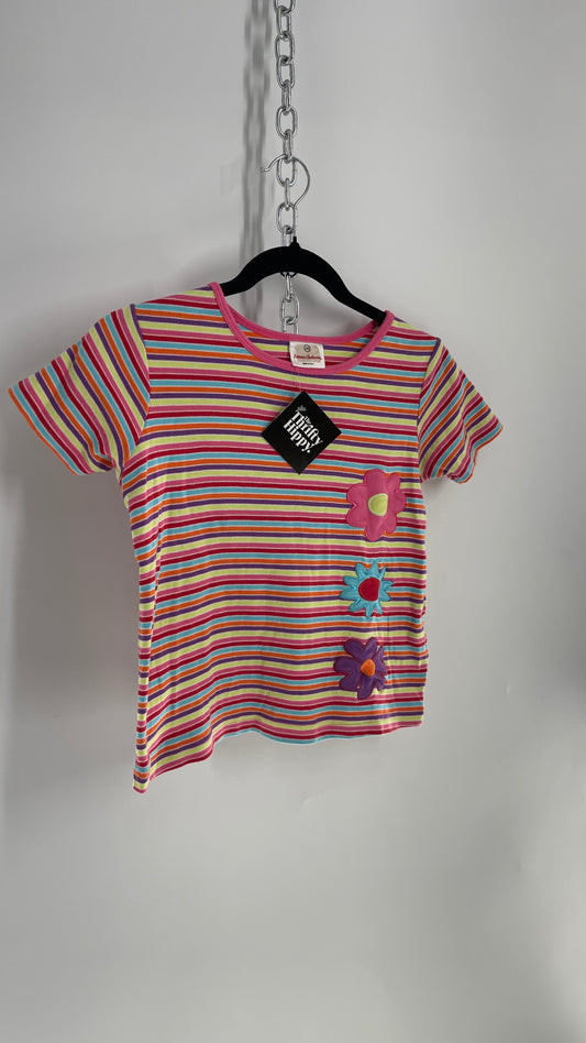 Hanna Anderson Striped Baby T with Patched Flowers (XS/S)