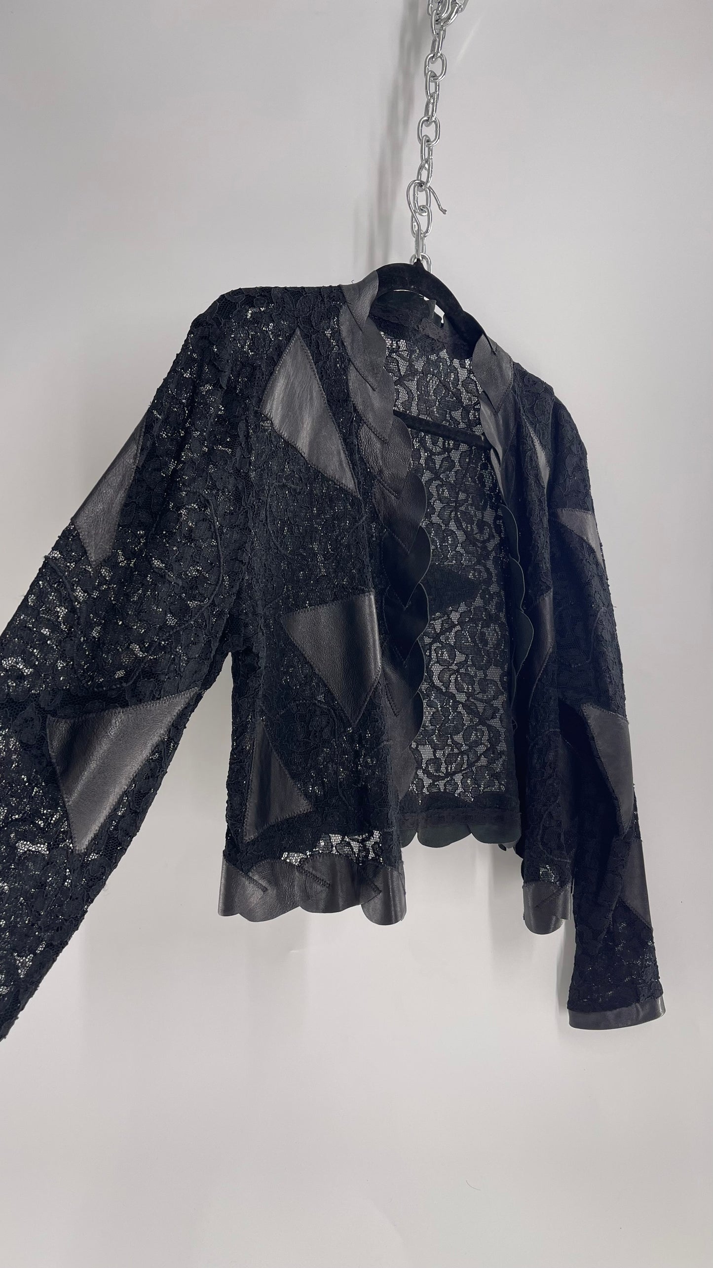 Vintage Black Lace Jacket with Genuine Black Leather Patches and Lining (M/L)