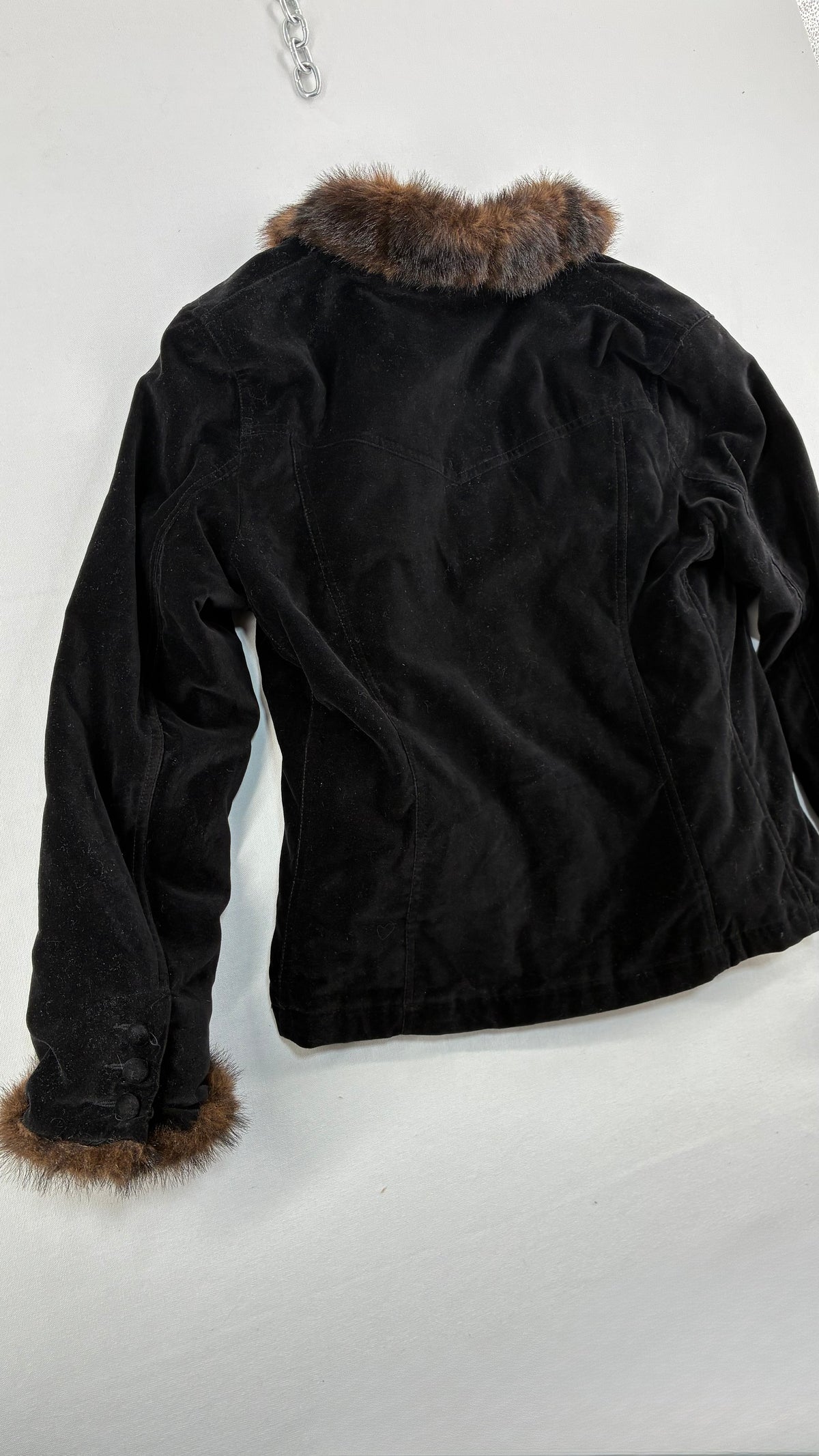 Vintage BLACK RIVET Velour Jacket with Vegan Fur Trim Collar and Cuffs (Large)