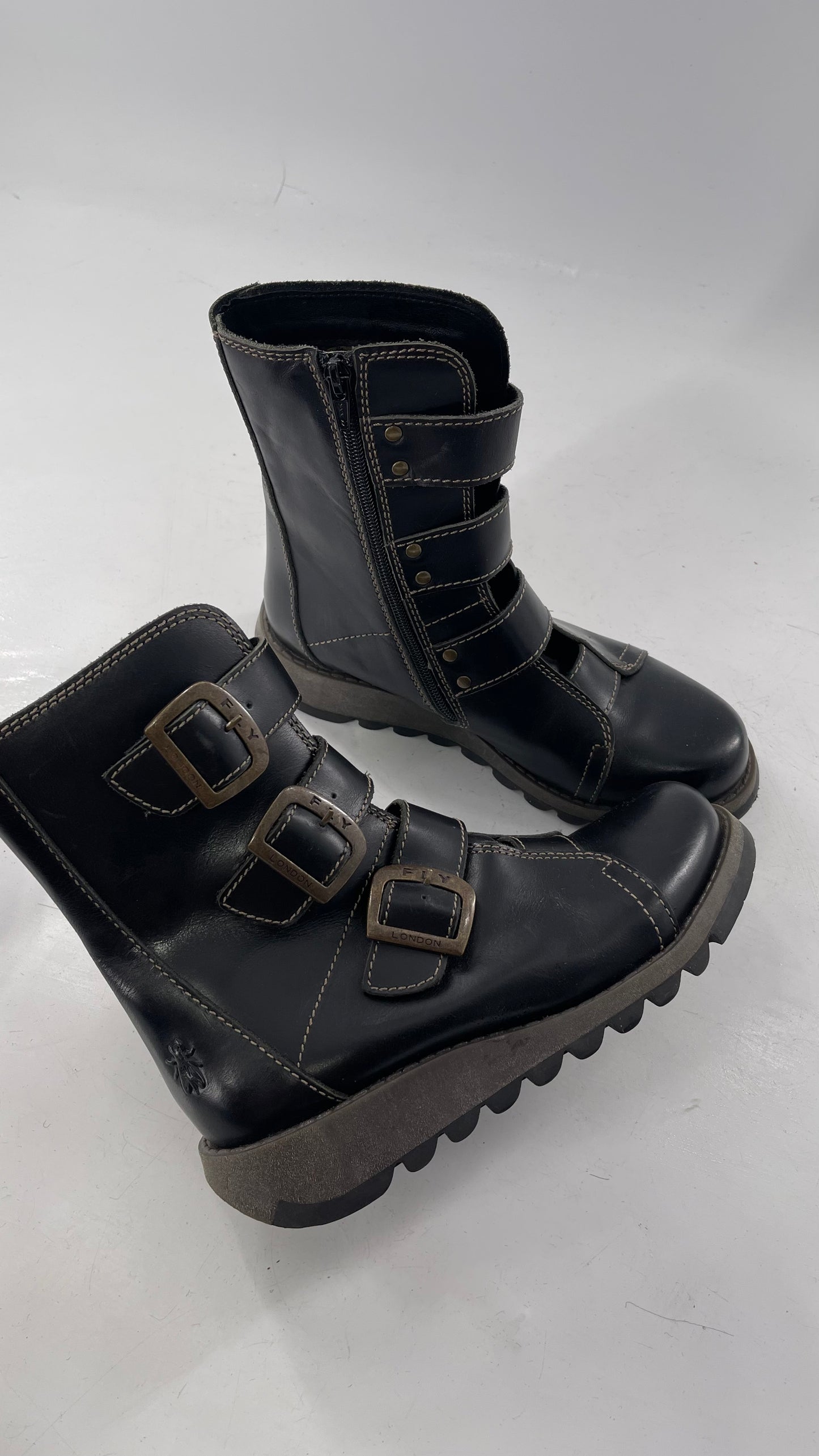 Fly London Black Zipper Side Biker Boot with Oversized Brass Buckles (38)