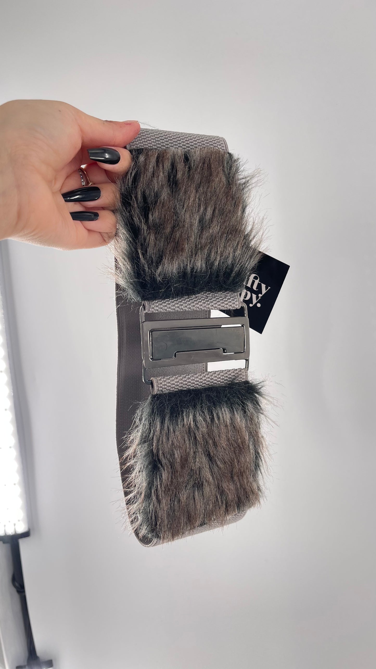 Urban Outfitters Gray Stretchy Waist Belt with Faux Fur Trim Detail and Metal Clasp