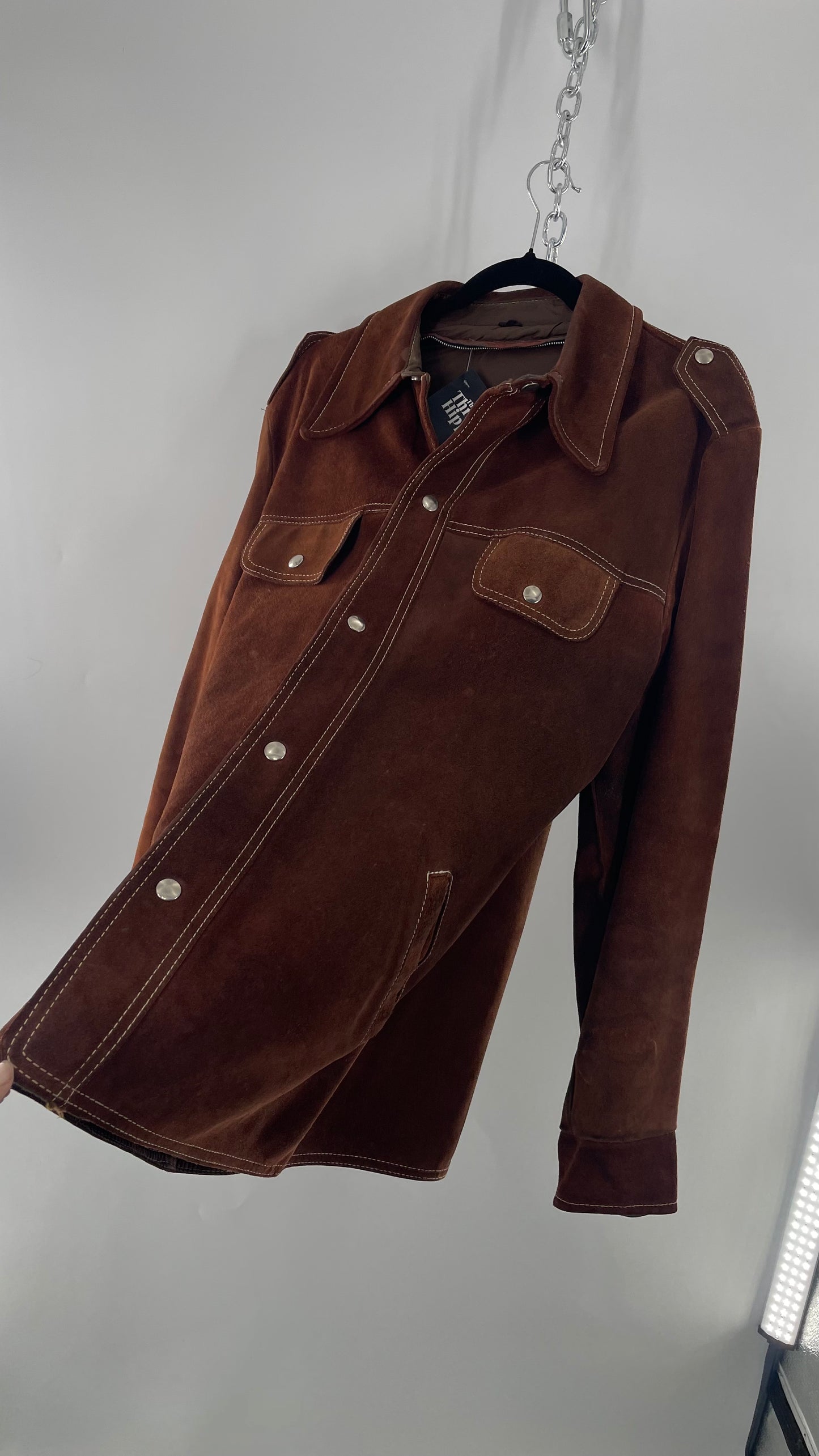 Vintage Brown Suede Jacket with Contrast White Stitching  (C)(Large)