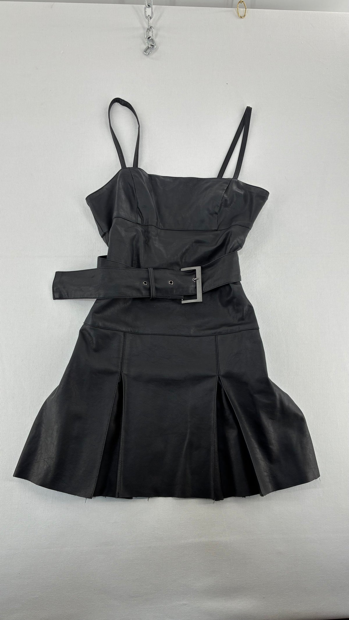 Free People Black, Belted Vegan Leather Pleated Mini Dress (2)