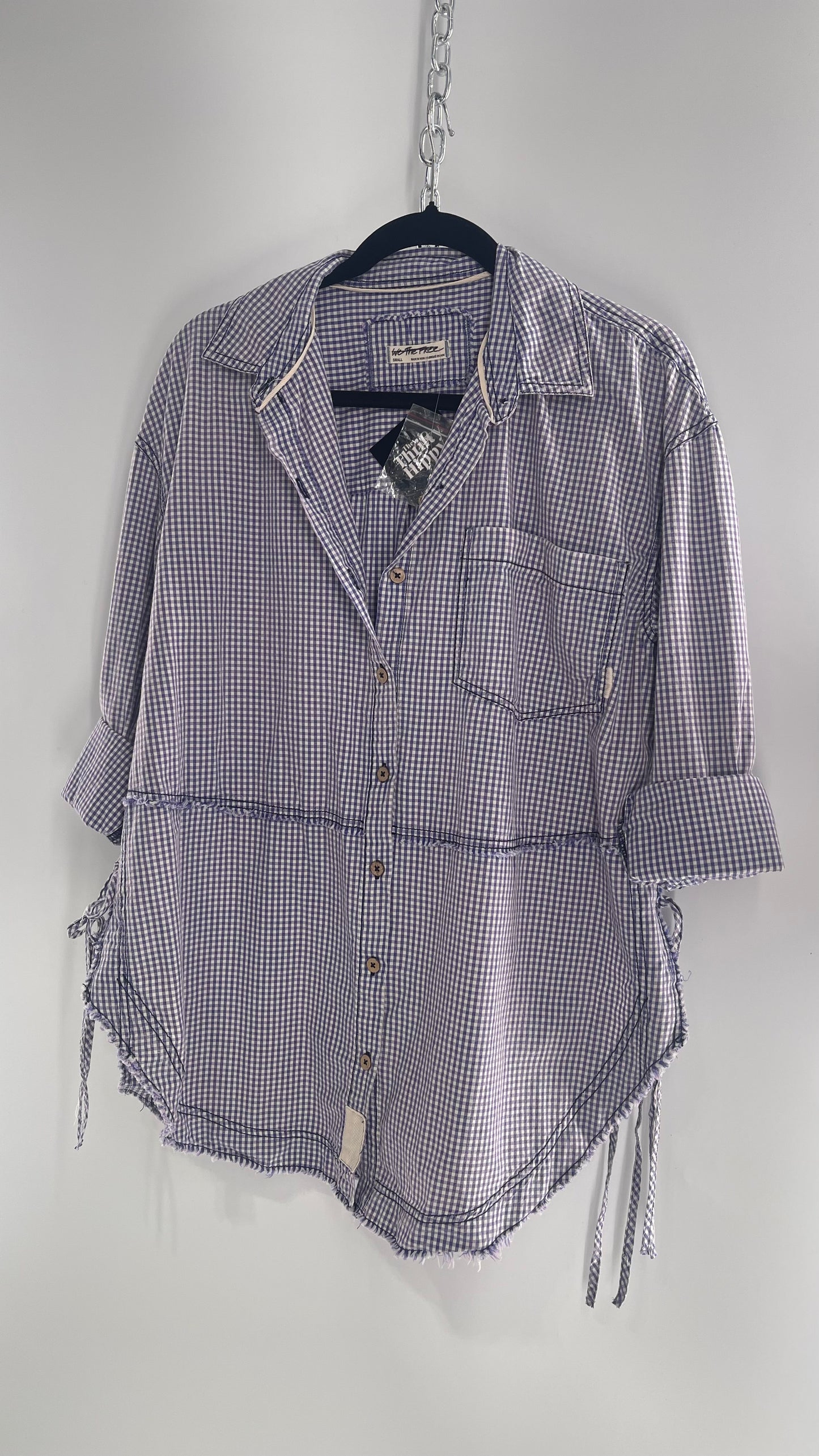 Free People Oversized Gingham Button Up with Side Tie Details (Small)