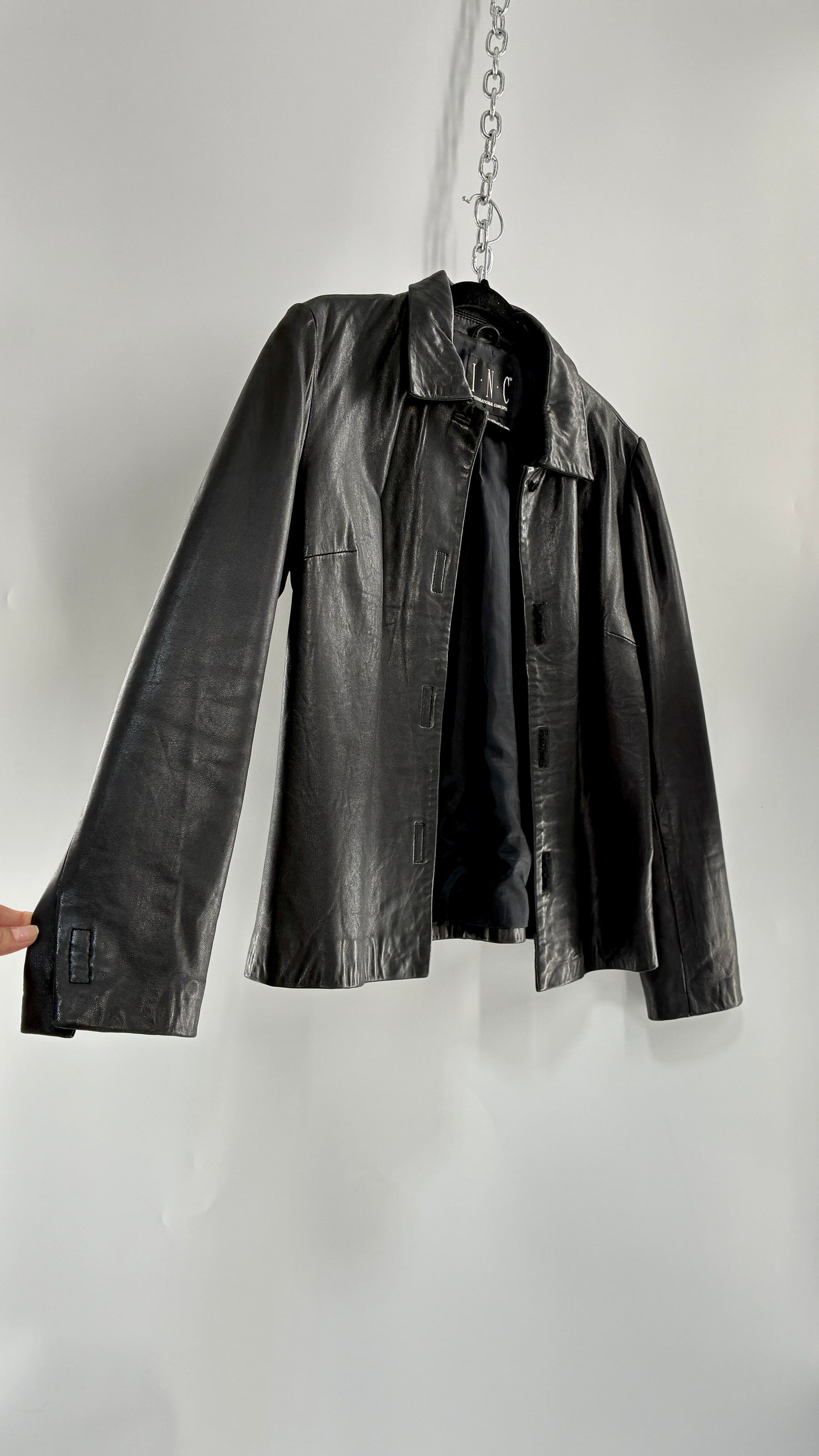 Vintage INC 1990s Black Genuine Ultra Soft Leather Collared Jacket with Velcro Closure Never Worn (Medium)