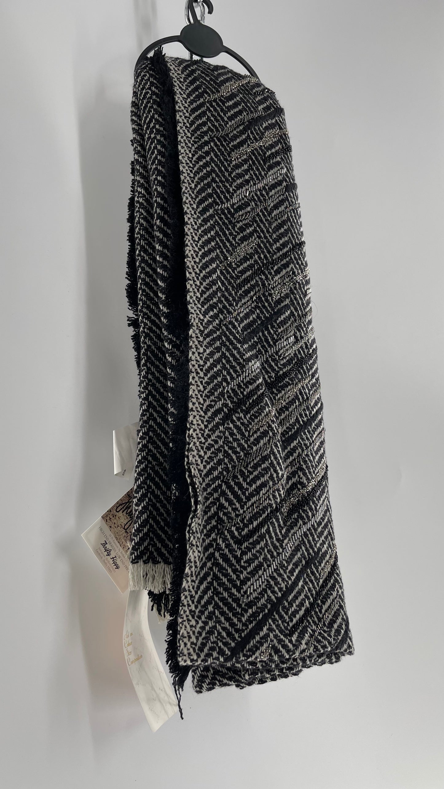 Anthropologie Pétanu Black and White 50% Cashmere 50% Silk Beaded Embellished Scarf with Tags Attached