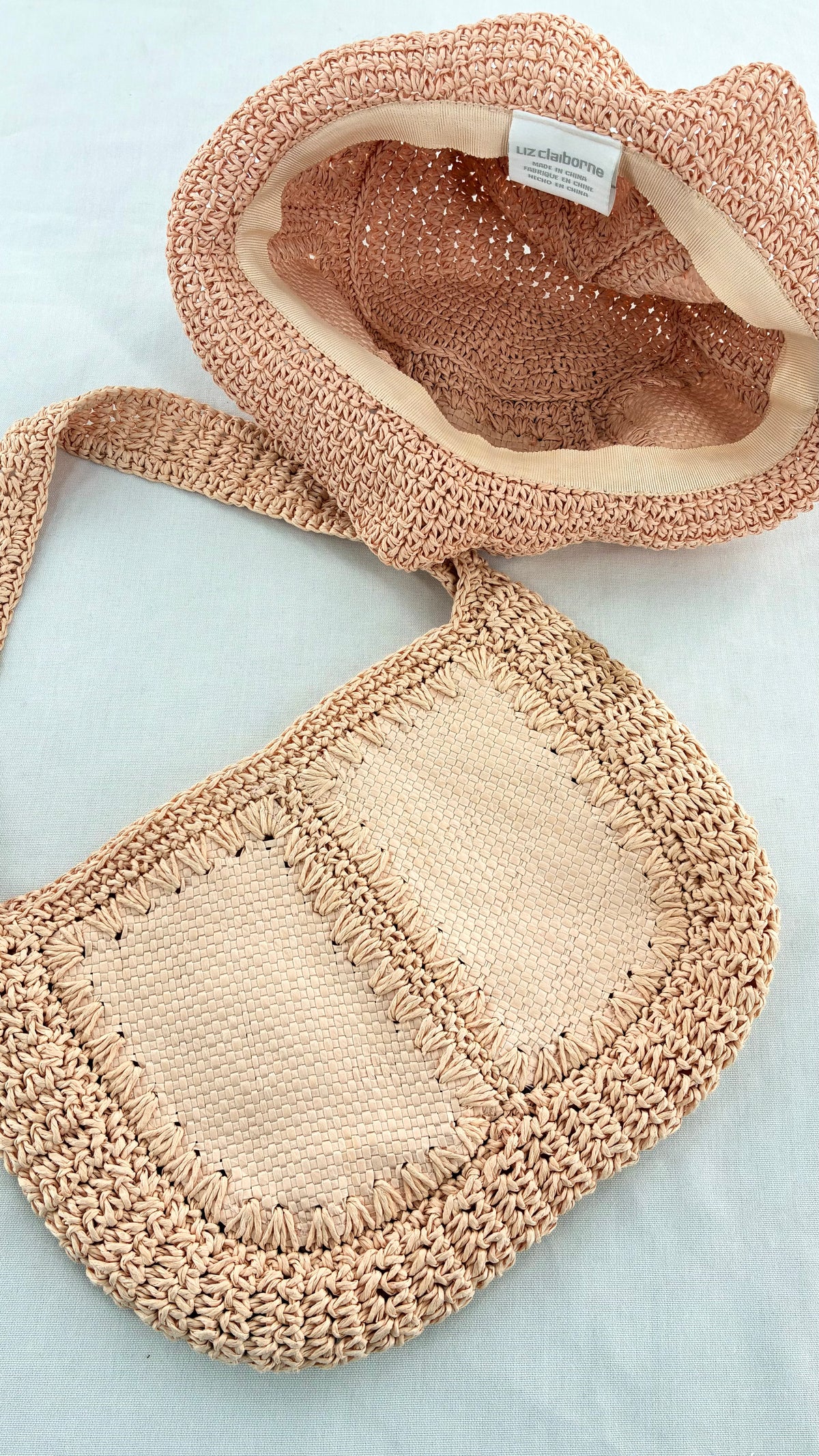 Vintage LIZ CLAIBORNE Natural Woven Shoulder Bag With Textured Border and Matching Sun Hat