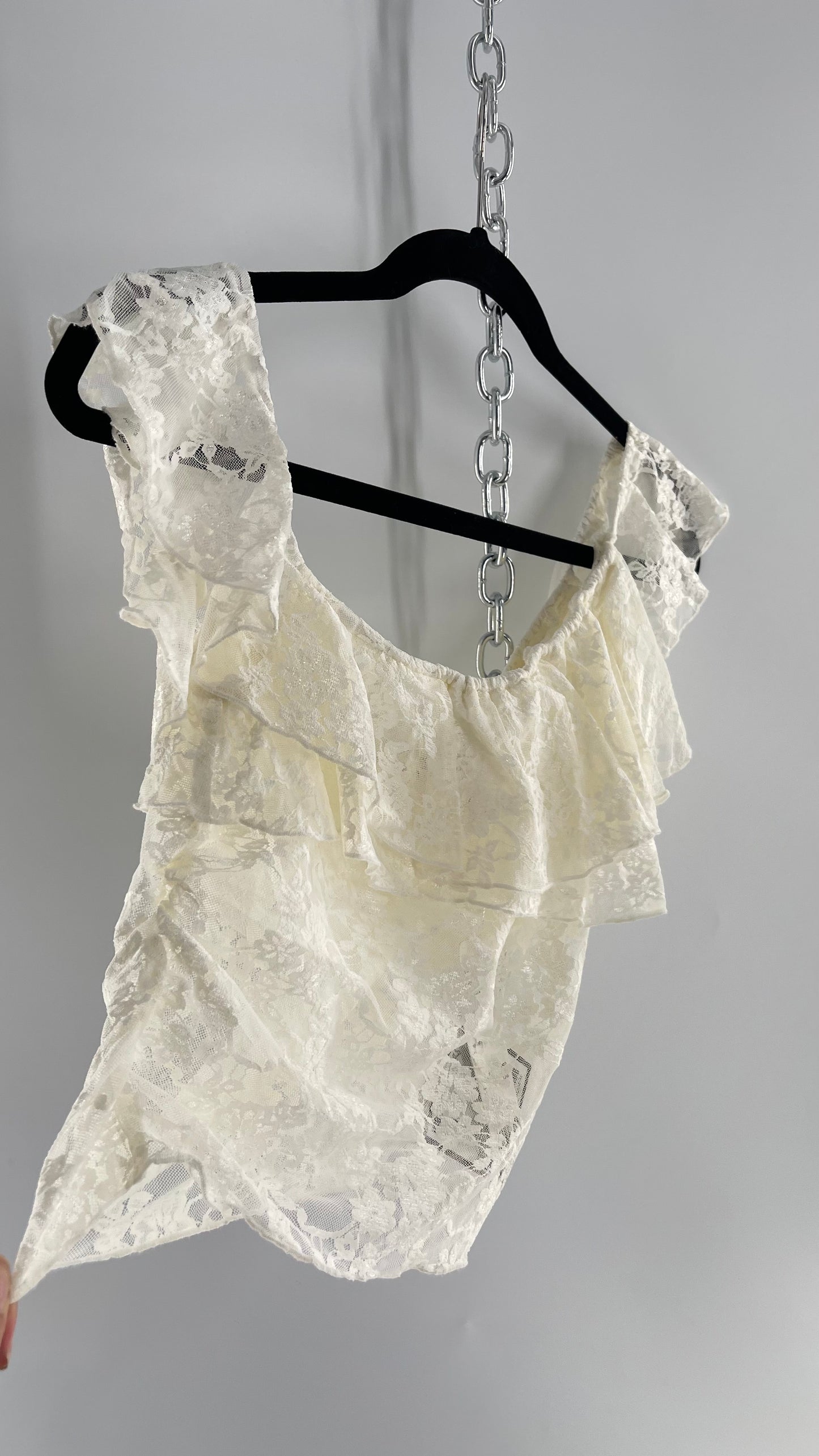 Urban Outfitters White Lace Tank with Ruffle Neckline and Straps Tags Attached (Large)