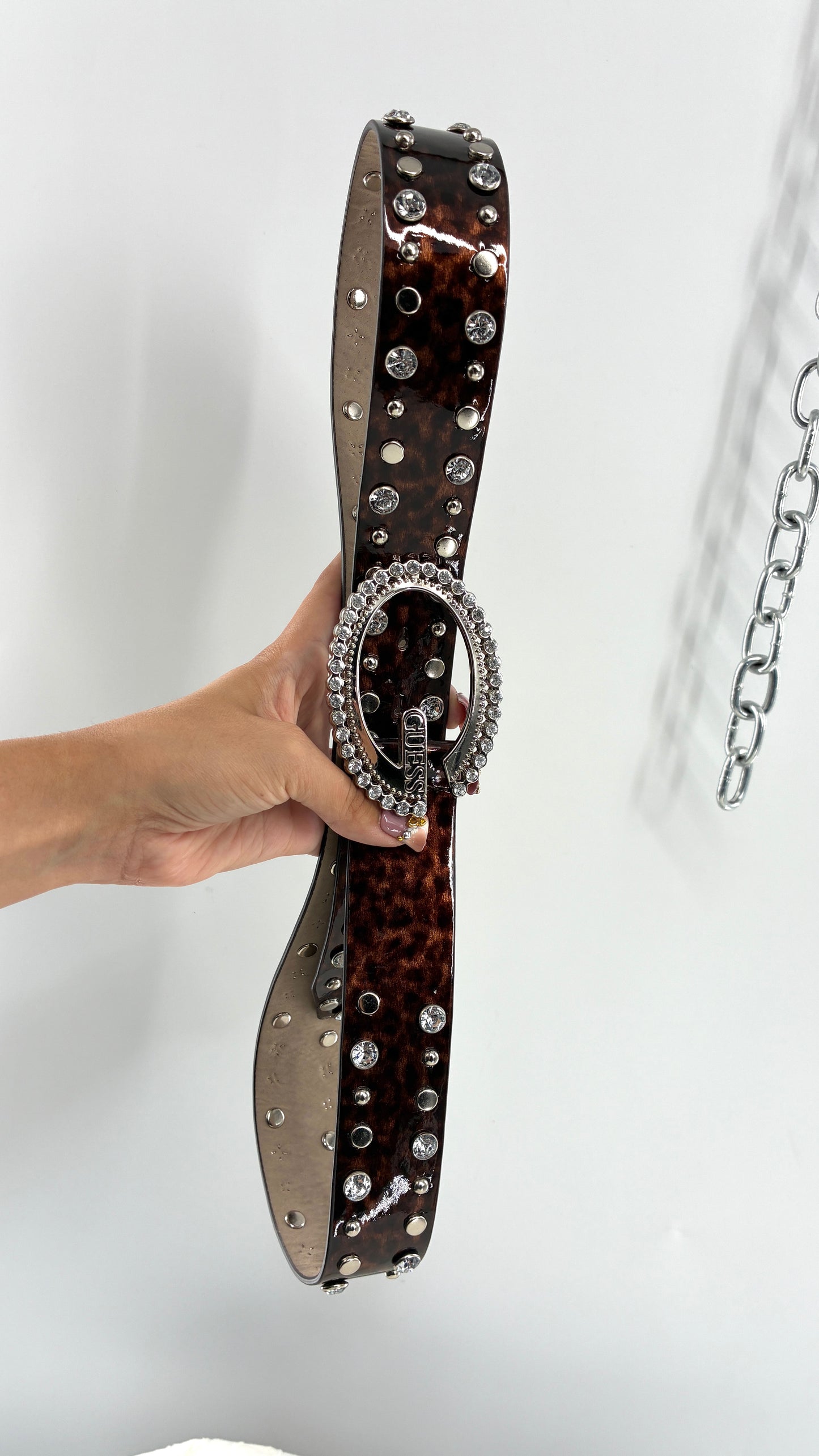 Vintage GUESS Glossy Tortoise/Cheetah Belt Covered in Studs, Crystals and Iconic Buckle (Large)