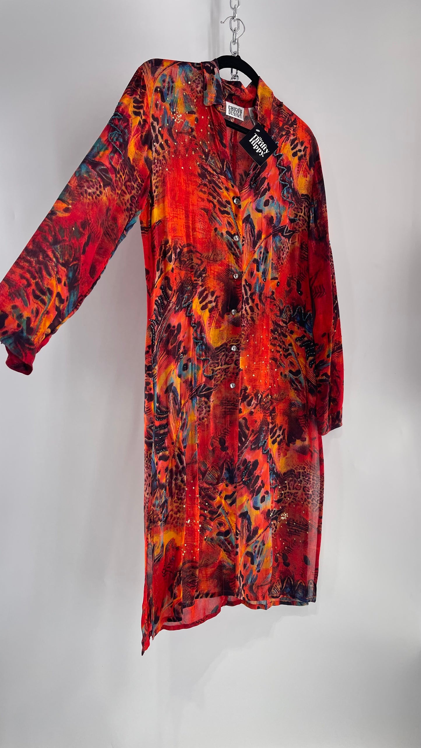 Vintage CHICOs Burnt Orange Sheer Duster Coat with Mixed Animal Print and Embroidery/Beading (XL)