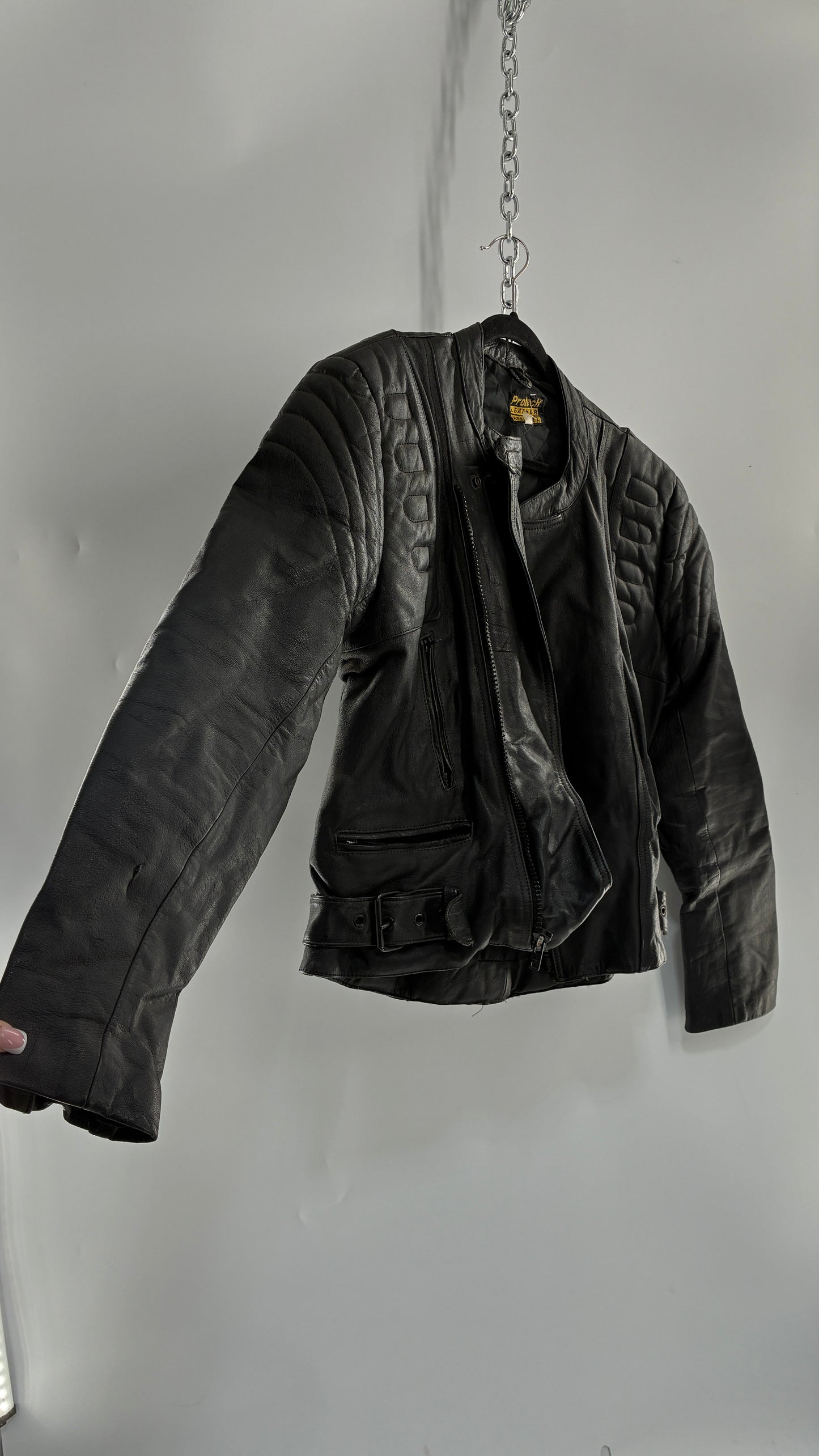 Vintage PROTECH Black Leather Motorcycle Jacket (46)