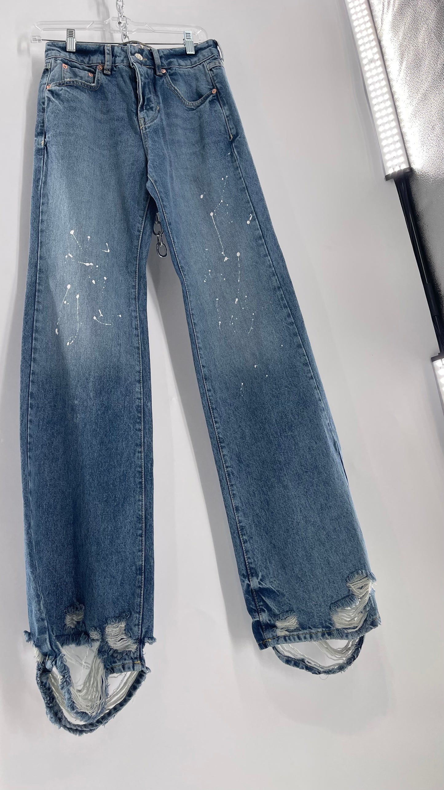 Free People Light Wash Straight Leg Jeans with Distressed Hem, Double Pockets and White Paint with Tags Attached (25)