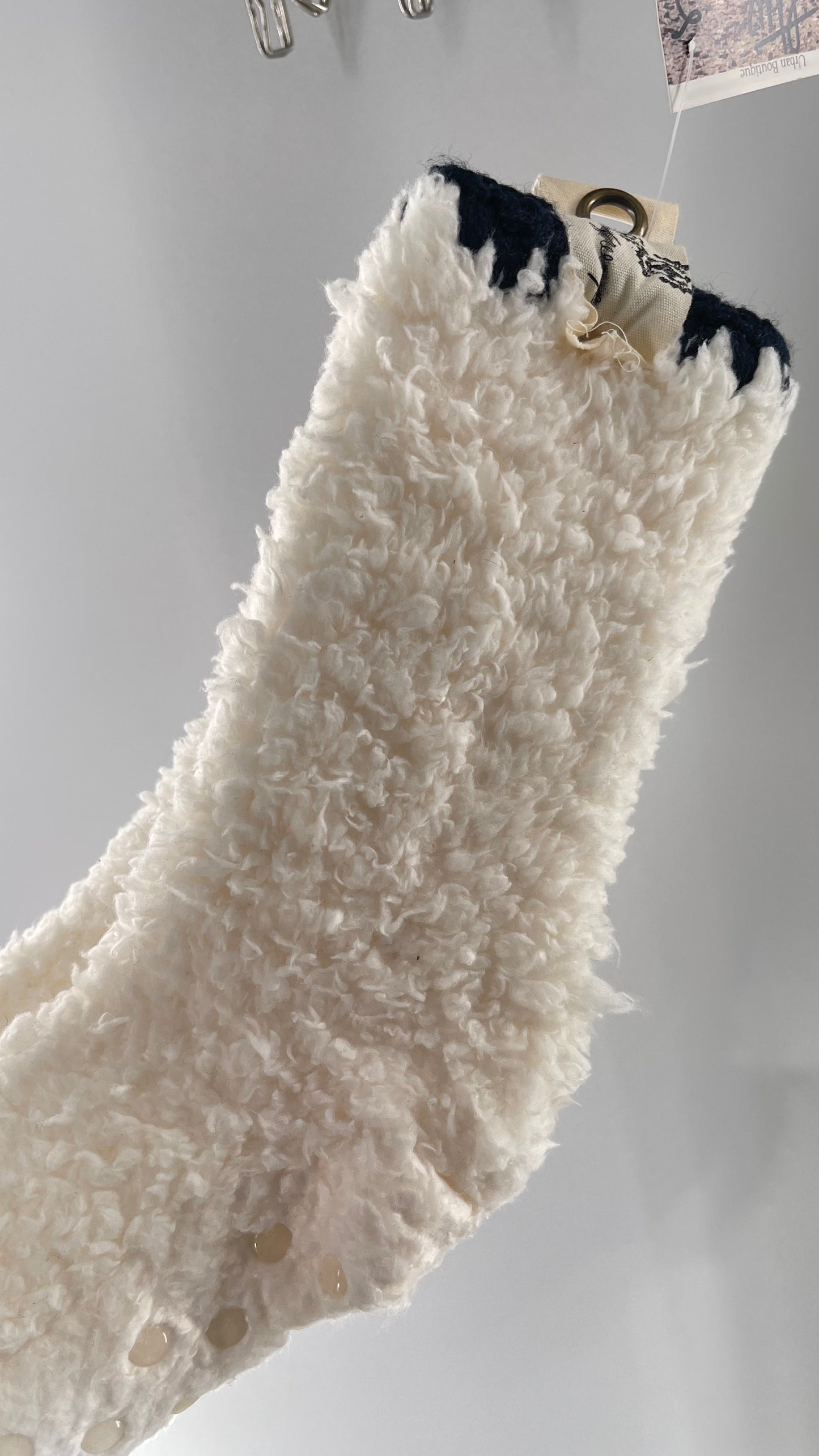 Free People White Fluffy Socks with Sole Grips with Black Stitched Detail on the Ankle