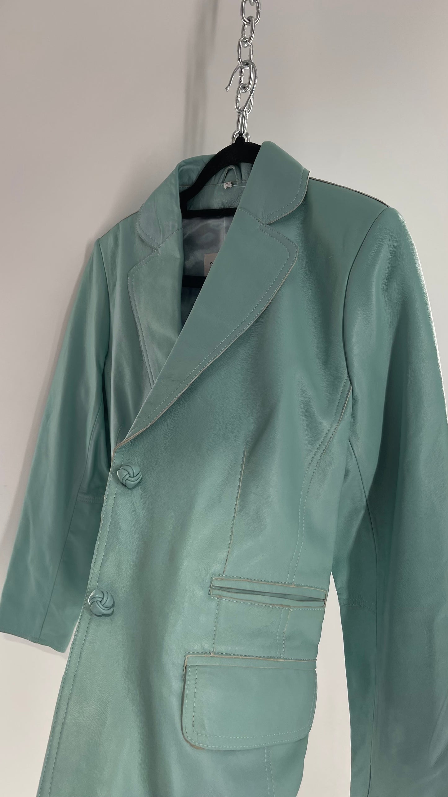 Vintage 1990s Pamela McCoy Eggshell/Tiffany Blue Leather Blazer Jacket (XS)