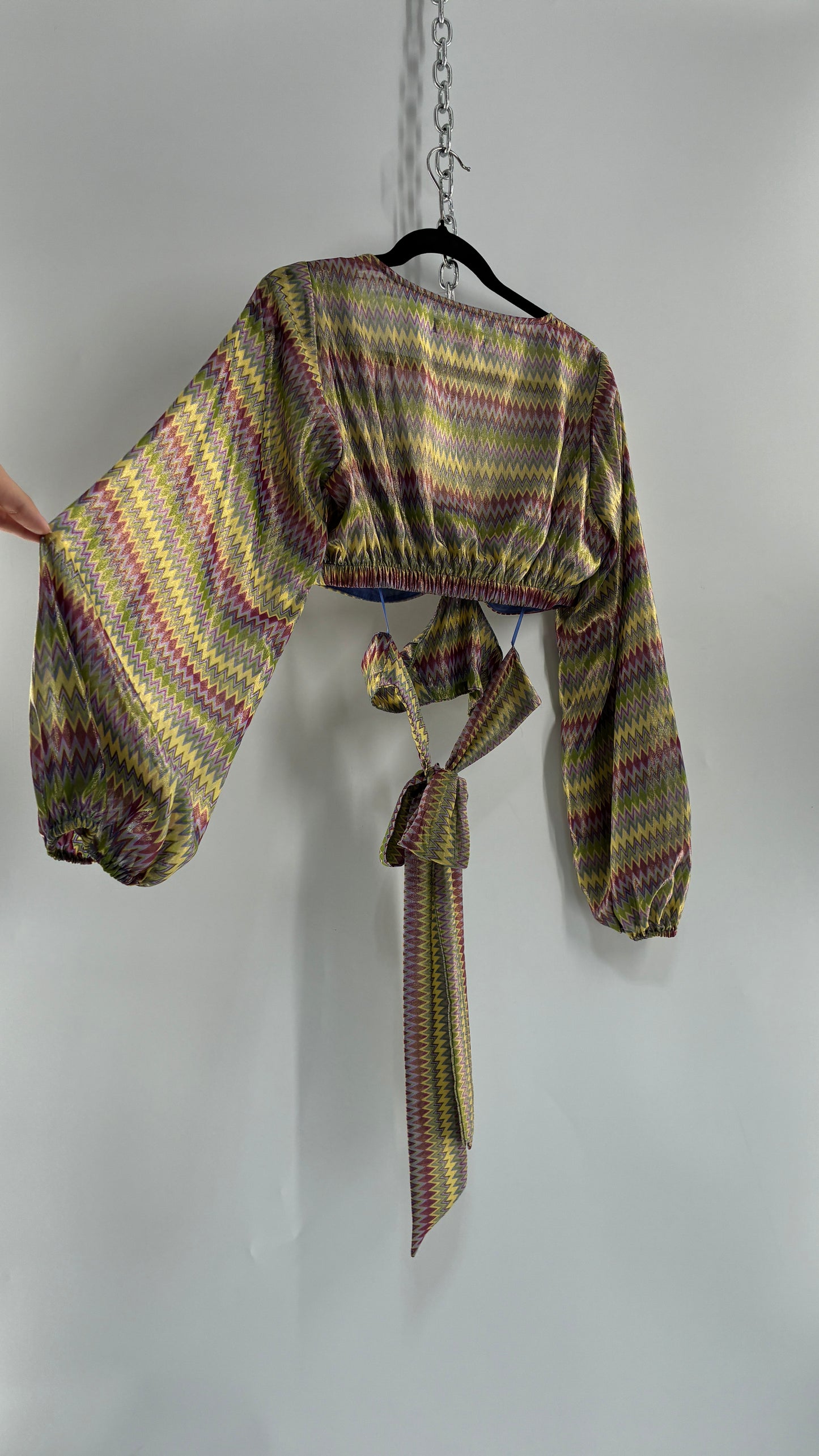 Urban Outfitters Green Open Side Tie Around, Balloon Sleeve Sparkle Top (Small)