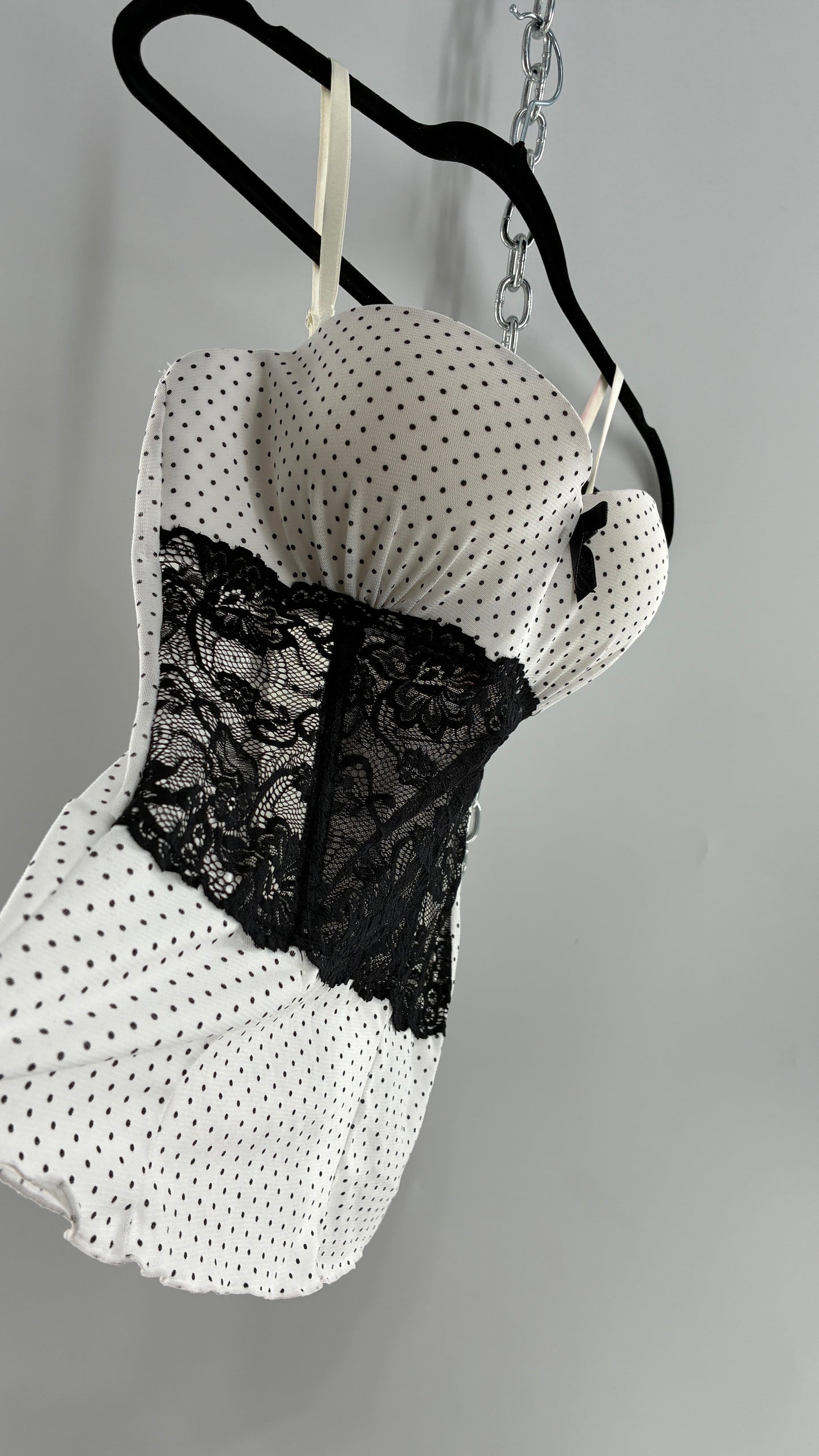 Vintage Black and White Polka Dotted Bustier Babydoll with Lace Bodice Detailing (Medium)